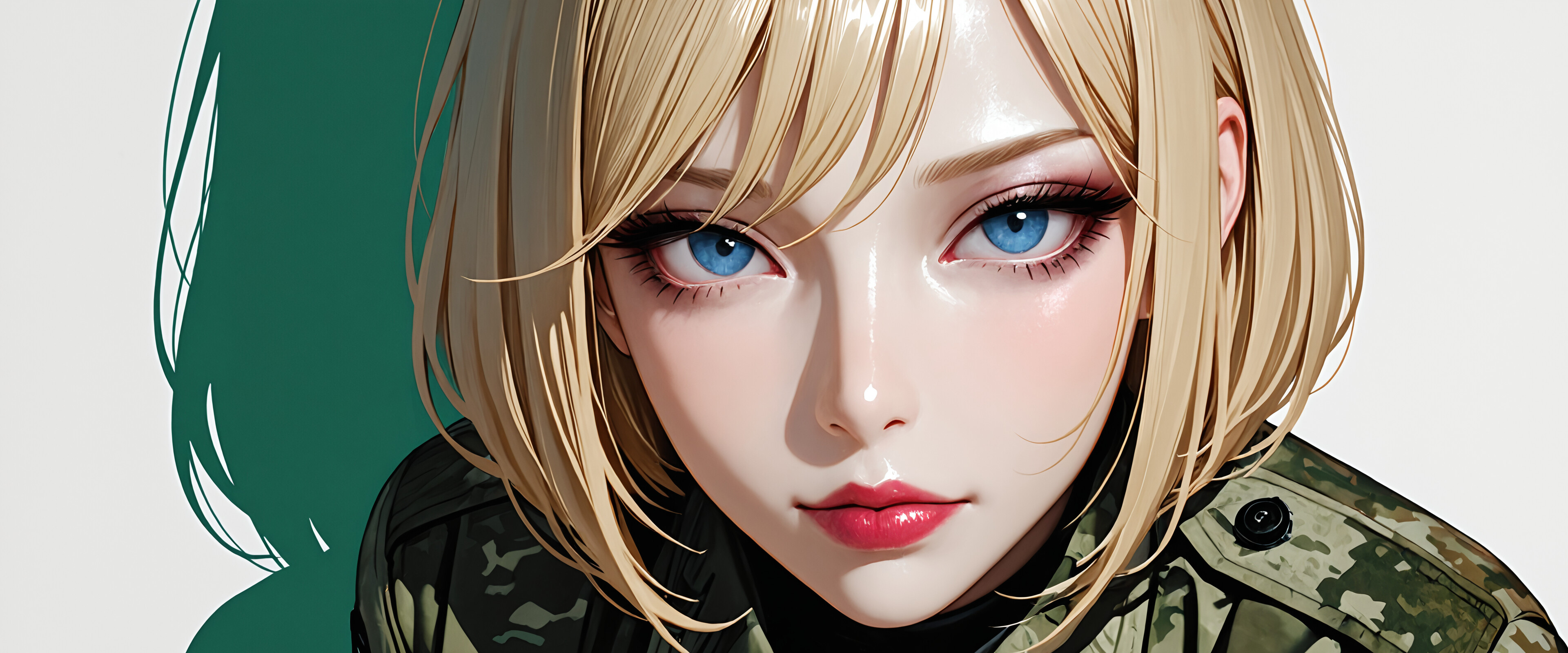 Uma ilustração detalhada de uma bela soldado, com um corte de cabelo curto e loiro e olhos azuis intensos, vestindo um uniforme verde de camuflagem e um arnês tático preto, em uma pose contra um fundo branco.