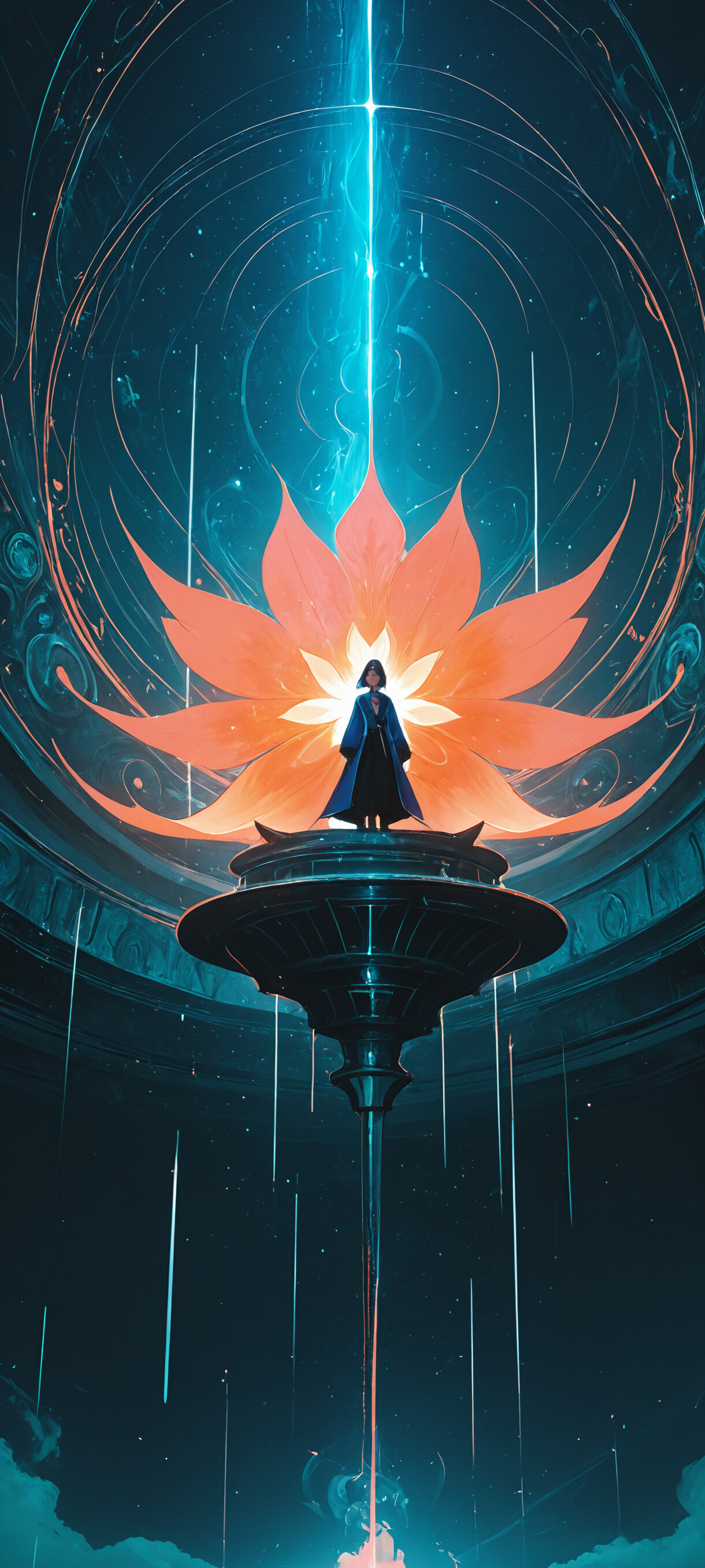 Uma ilustração de corpo inteiro de uma jovem com cabelo preto curto, vestindo um casaco escuro e futurista, em pé em frente a um grande portal circular brilhante, em tons de azul-esverdeado e vermelho, num ambiente escuro e rochoso.