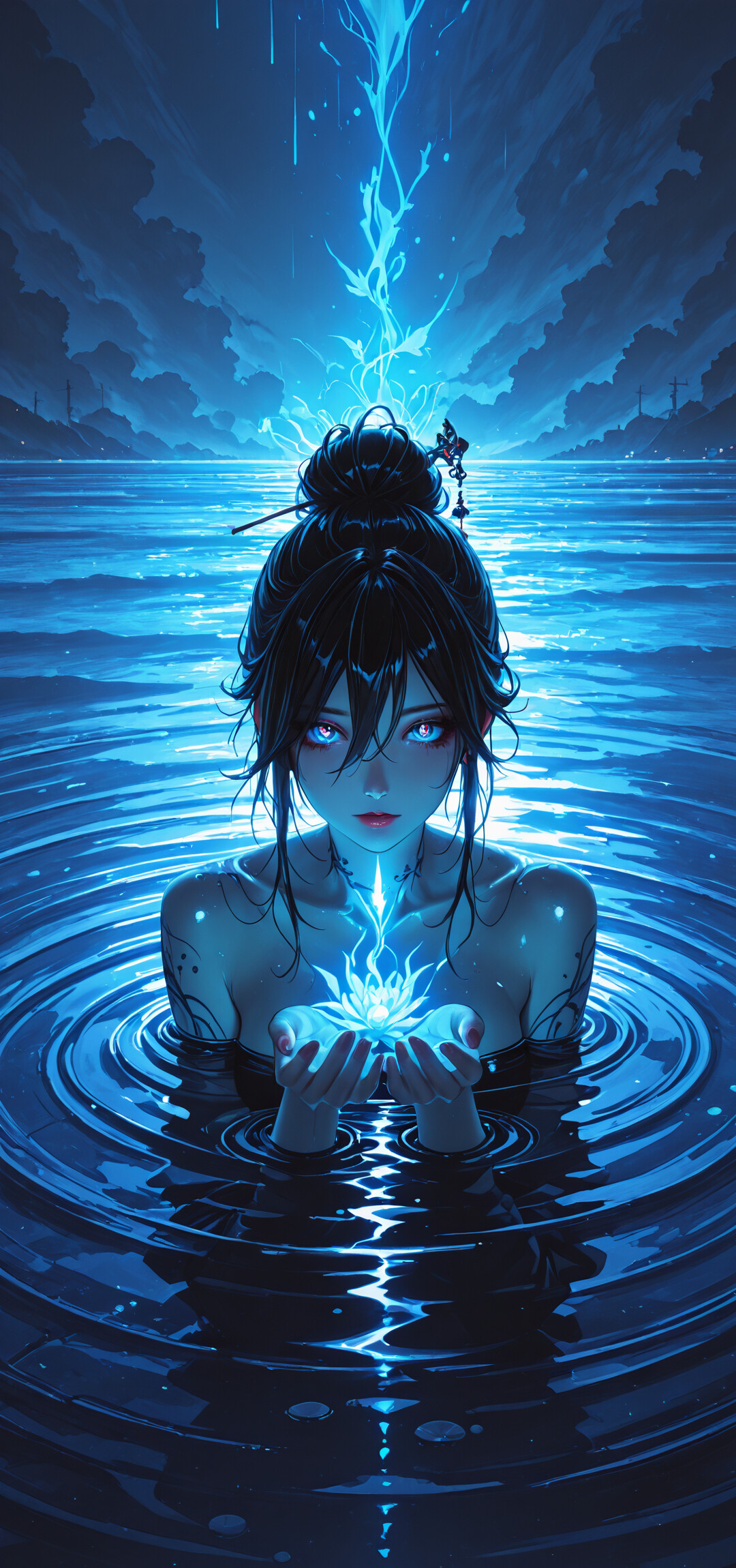 Uma ilustração em estilo anime de uma mulher com cabelos pretos presos em um coque, submersa até o pescoço em água escura que emite um brilho azul, criando ondulações ao seu redor enquanto ela olha para frente com olhos azuis penetrantes e luminosos.