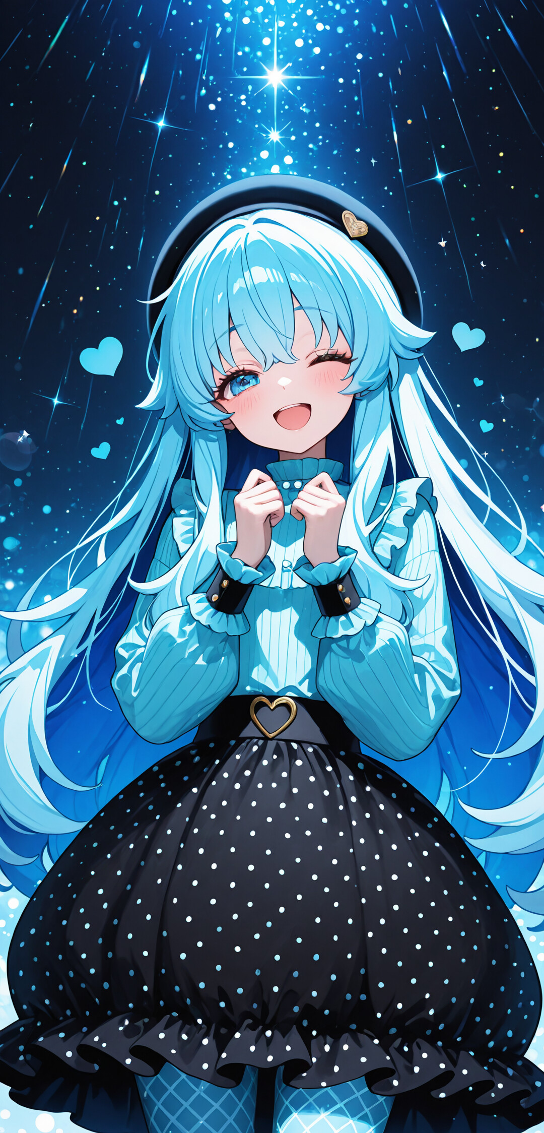 Uma personagem de anime, uma rapariga de longos cabelos azul-claros e com um sorriso alegre e um olhar divertido, veste um boina preto, uma blusa azul-clara e uma saia preta com bolinhas, e está em pé num cenário noturno cintilante e estrelado.