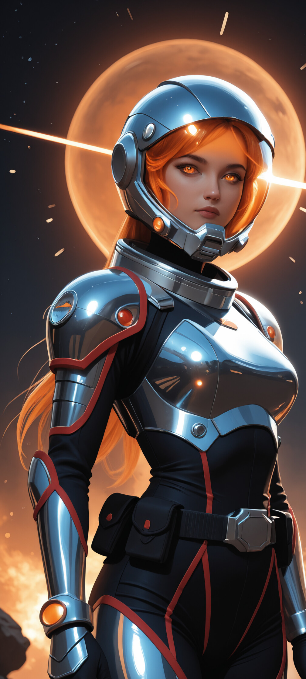 Uma ilustração digital de uma mulher com cabelos laranja vibrantes e olhos dourados, vestindo um traje espacial futurista prateado e preto, com um capacete transparente em forma de bolha. Ela está representada em um cenário escuro, com a superfície de um planeta ao fundo, durante uma batalha, com explosões e uma estrela brilhante no céu.