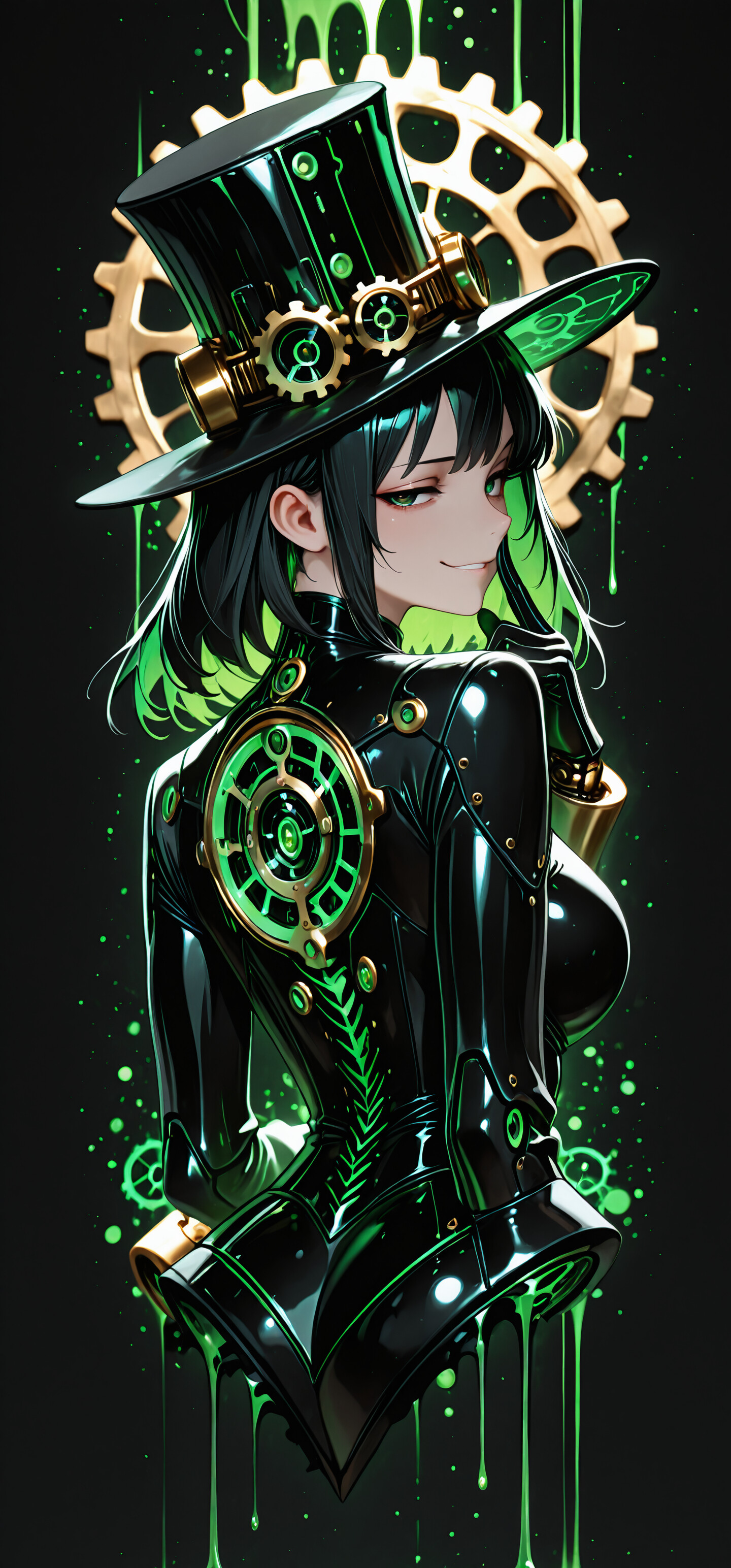 Uma personagem com um estilo de anime, com cabelo curto, preto e verde brilhante, olha por cima do ombro com um sorriso irônico. Ela veste um traje steampunk preto e um chapéu de copa que está cheio de uma substância verde brilhante e viscosa.