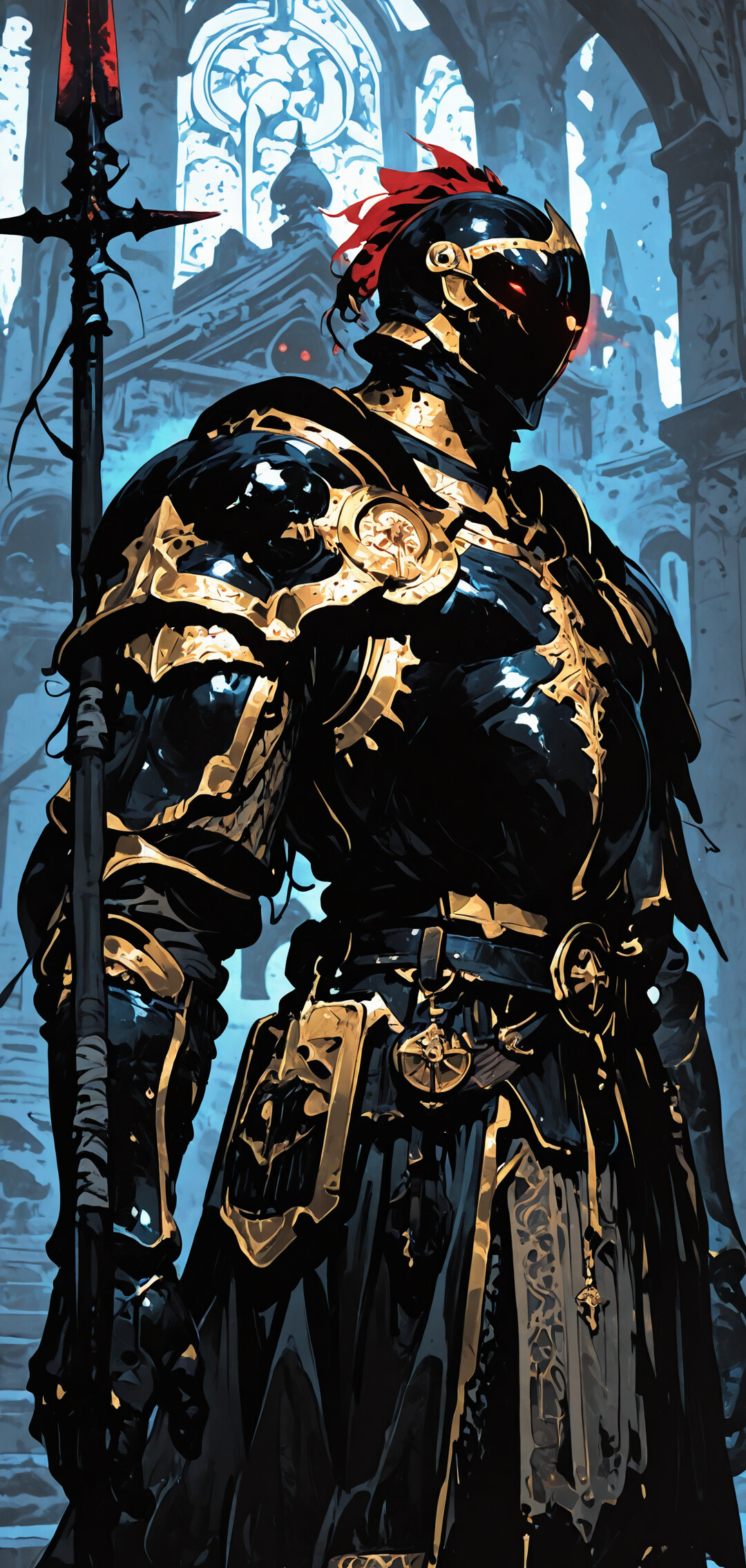 Um cavaleiro alto, vestido com uma armadura elaborada em preto e dourado, com olhos vermelhos brilhantes, segurando uma grande lança e parado no interior de um templo de pedra, com uma iluminação vermelha intensa ao fundo.