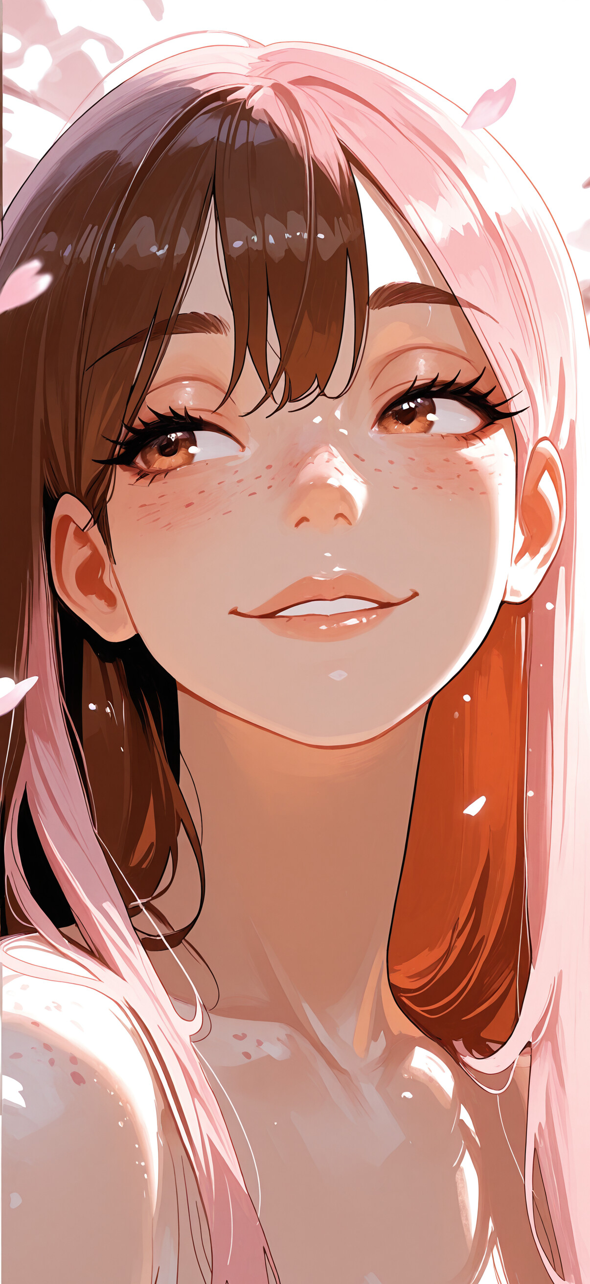 Retrato em close-up de Neopolitan, da série RWBY, destacando o seu cabelo característico, dividido em tons de rosa e castanho. Ela tem um sorriso suave, olhos castanhos e está rodeada por pétalas de flor de cerejeira flutuantes, numa luz suave.