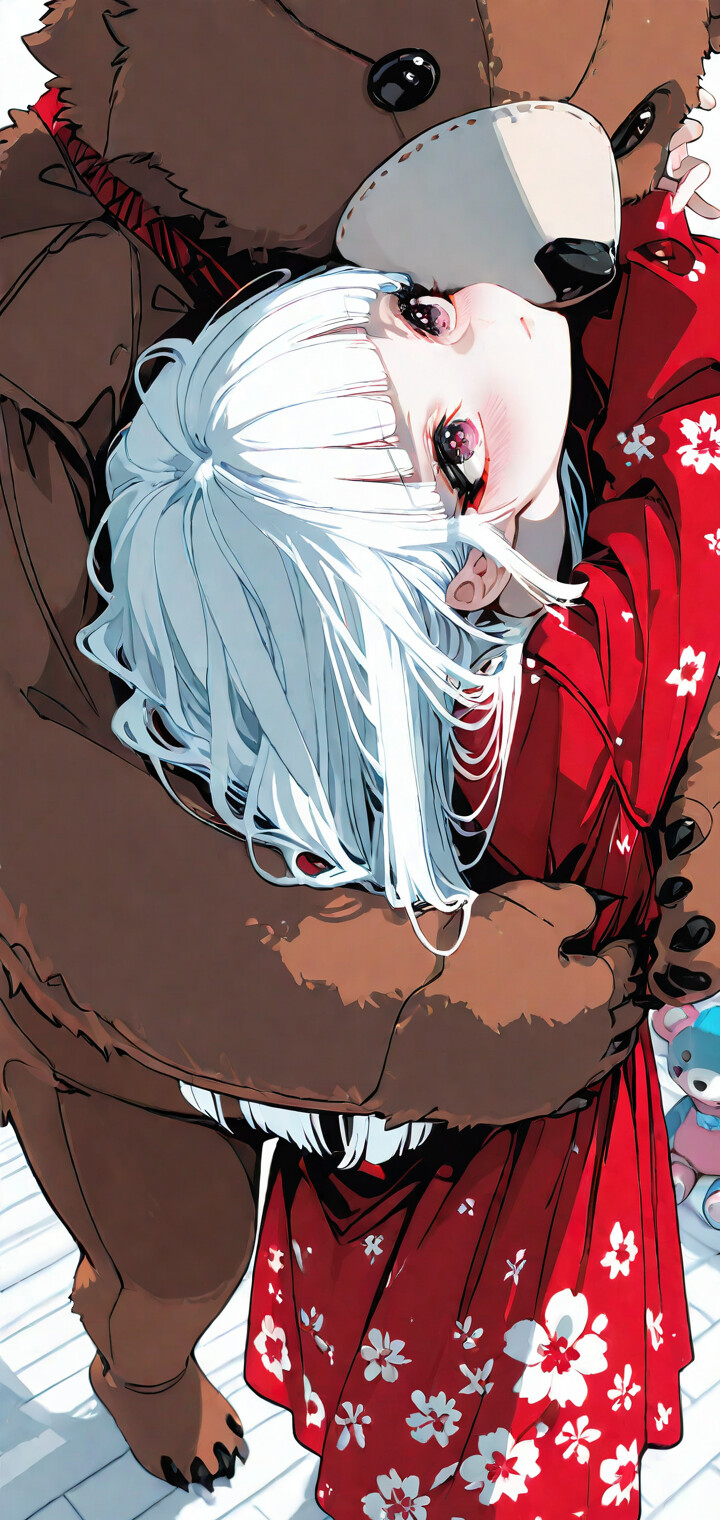 Uma ilustração em estilo anime de uma jovem com longos cabelos brancos e olhos cor-de-rosa, sendo abraçada por trás por um enorme urso de pelúcia castanho. Ela veste um vestido vermelho com estampas florais, e o quarto está cheio de muitos outros ursos de pelúcia menores.