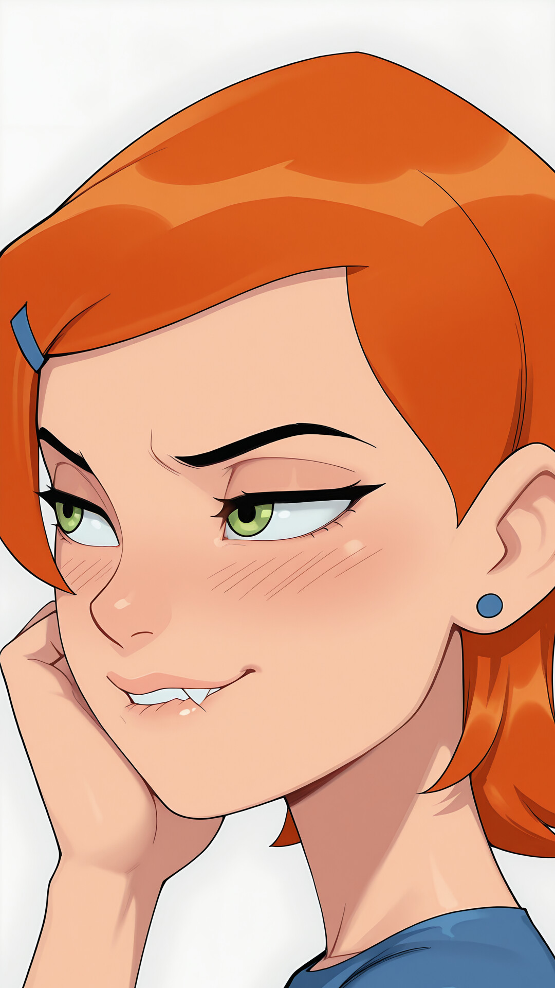 Uma ilustração digital em close-up de Gwen Tennyson, da série Ben 10. Ela tem cabelo curto e laranja, olhos verdes e um brinco azul. Ela olha para o lado, com uma expressão travessa e provocadora, e morde ligeiramente o lábio.