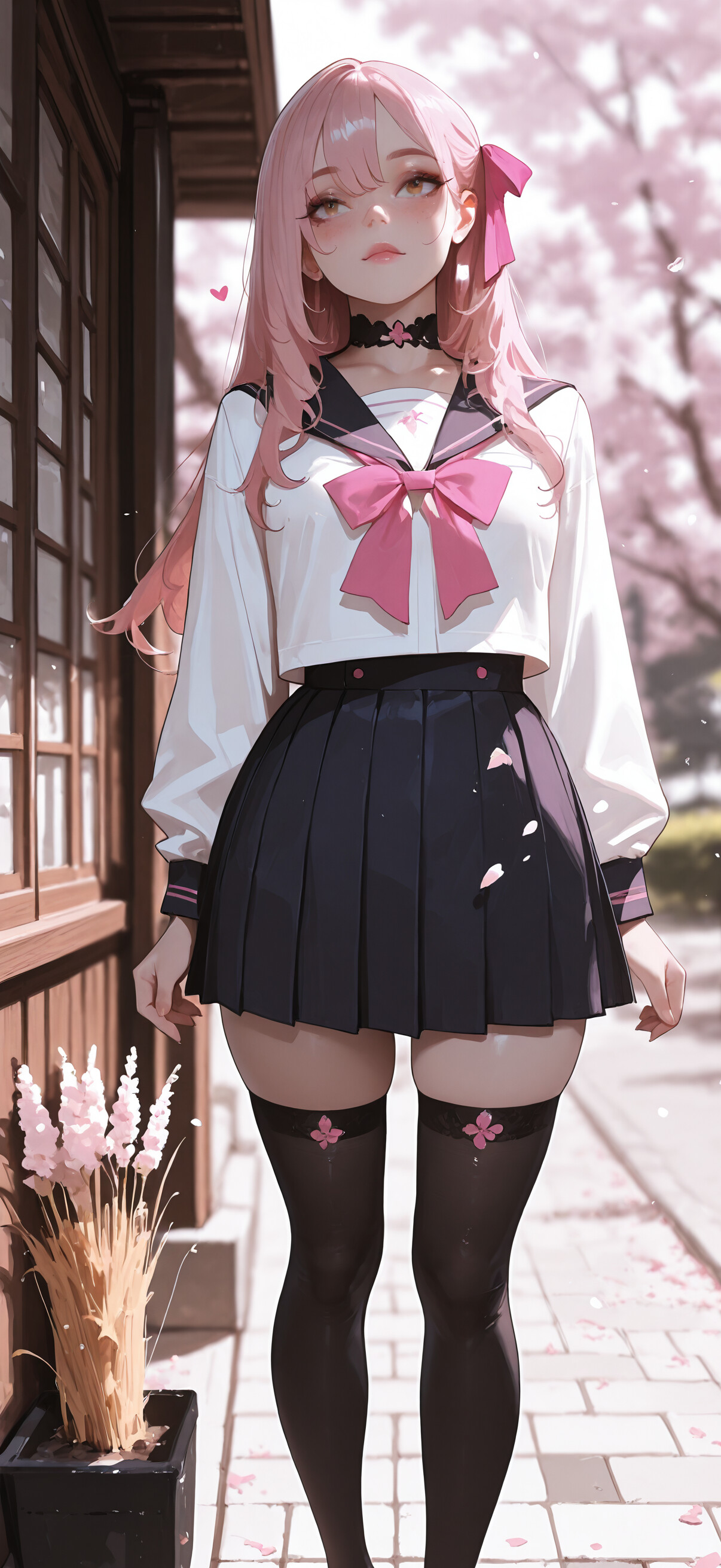Uma ilustração em estilo anime de uma menina com longos cabelos cor-de-rosa, sentada em degraus de pedra. Ela veste um uniforme escolar japonês com uma blusa branca, saia azul, um grande laço cor-de-rosa e meias pretas que vão até a coxa, cercada por plantas douradas e pétalas cor-de-rosa flutuantes.