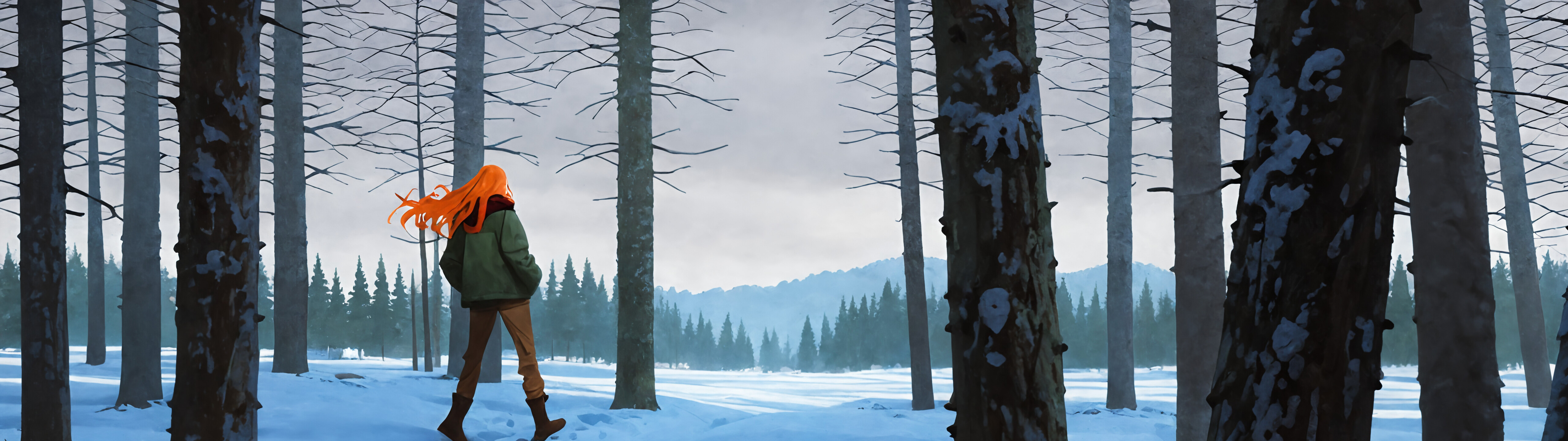 Um quadro de Tulip Olsen, da série «Infinity Train», vista por trás, em pé numa floresta de pinheiros coberta de neve. Ela tem cabelos laranja vibrantes que esvoaçam ao vento e veste um casaco verde, um cachecol xadrez vermelho e calças castanhas, com as mãos nos bolsos.