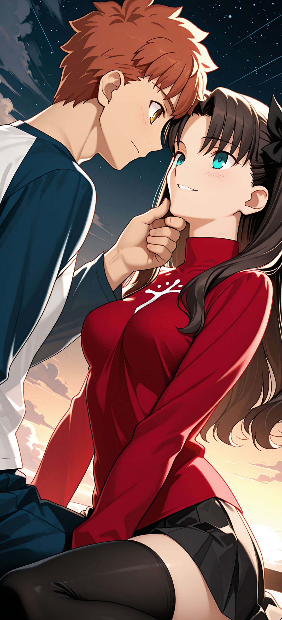 Uma ilustração em estilo anime de Rin Tohsaka e Shirou Emiya, de Fate/stay night, partilhando um momento romântico. Shirou segura o queixo de Rin enquanto ambos se olham nos olhos sob um céu estrelado.