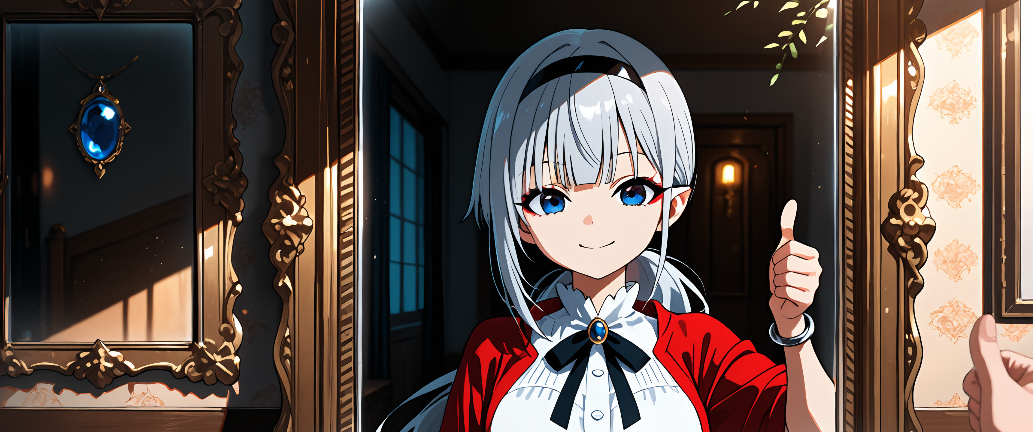 Uma personagem de anime, Hiragi Popura, com cabelos prateados e orelhas pontudas, sorri e faz um gesto de positivo em frente a um espelho ornamentado, enquanto uma mão em primeiro plano faz o mesmo gesto em direção ao seu reflexo.