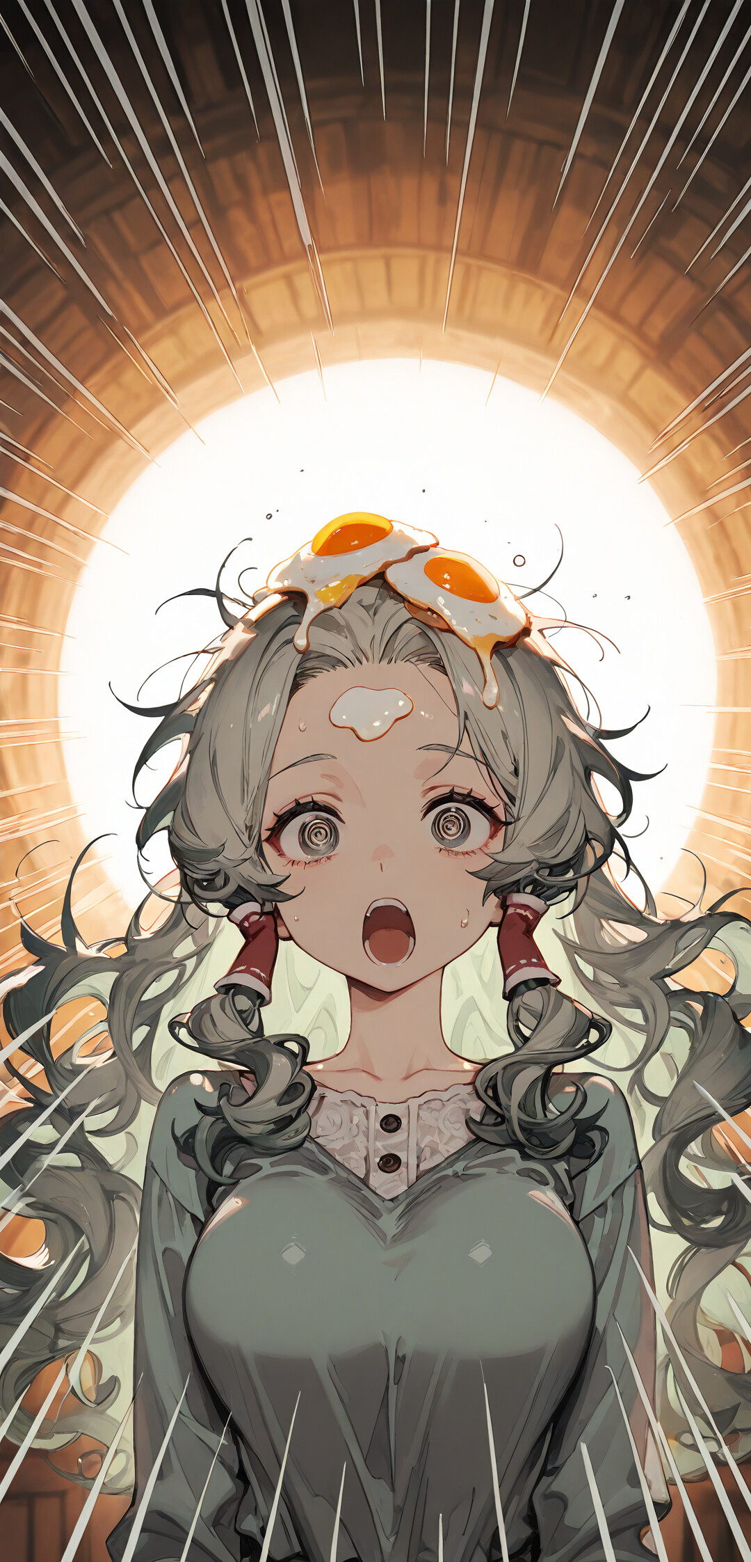 Uma rapariga com um estilo de desenho animado japonês (anime), com cabelo verde-claro ondulado e olhos em espiral, com uma expressão de choque e a boca aberta, enquanto dois ovos fritos estão pousados em cima da sua cabeça.