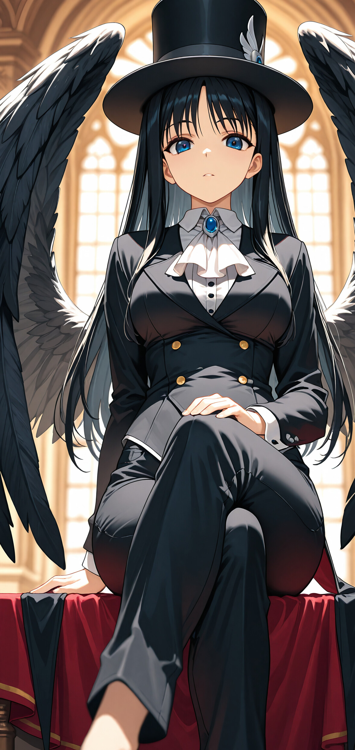 Uma personagem de anime, uma rapariga de longos cabelos pretos, olhos azuis e grandes asas pretas de anjo, sentada numa mesa. Ela veste um fato preto, uma gravata branca e um chapéu de copa preto, num grande salão.