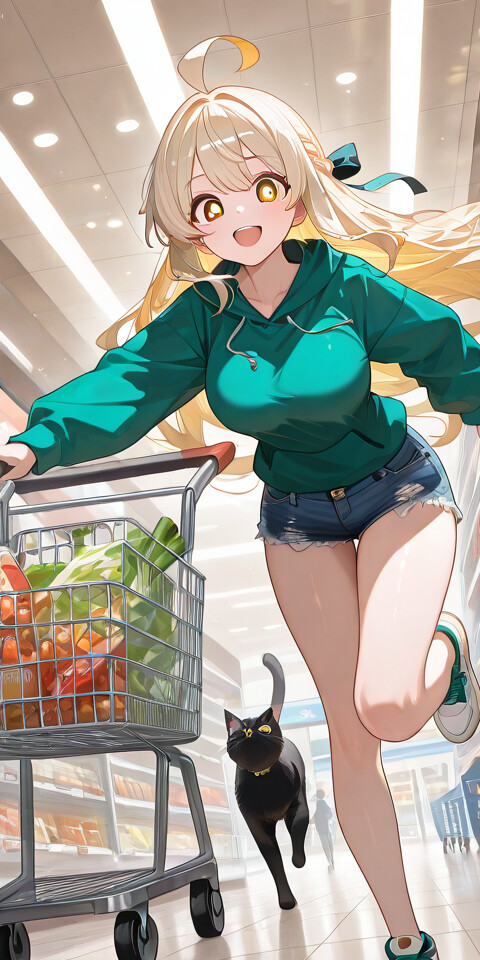 Uma ilustração em estilo anime de uma menina loira e alegre, Artoria Pendragon (Saber), vestindo um casaco verde e calções de ganga, correndo com energia por um corredor de supermercado enquanto empurra dois carrinhos de compras cheios de mantimentos.