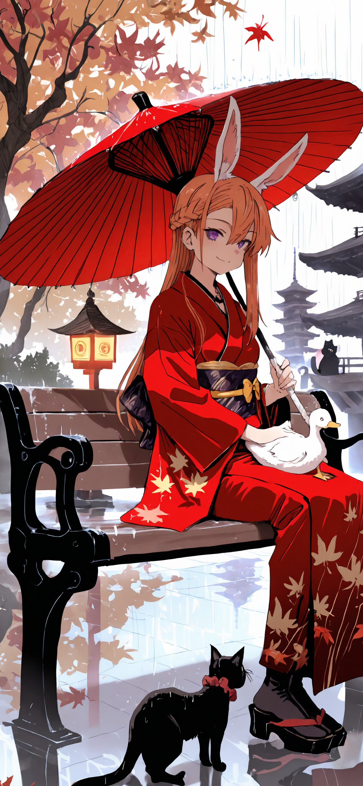 Uma rapariga com um estilo de anime, de cabelo cor de laranja e orelhas de coelho, vestida com um quimono vermelho, está sentada num banco, sob um guarda-chuva vermelho, num jardim de um templo japonês, enquanto chove. Um gato preto está no seu colo e um pato branco está no chão, ao lado dela.