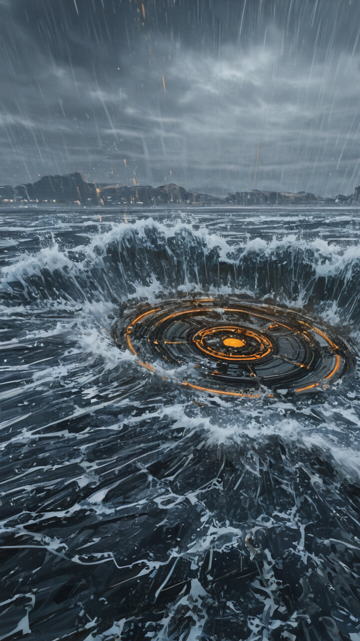 Uma pintura de fantasia impressionante que retrata um mar tempestuoso, onde uma enorme coluna de água em forma de árvore se eleva, brilhando com uma luz azul intensa que emana do seu interior. A chuva cai de um céu escuro e nublado sobre o oceano agitado e uma costa rochosa.