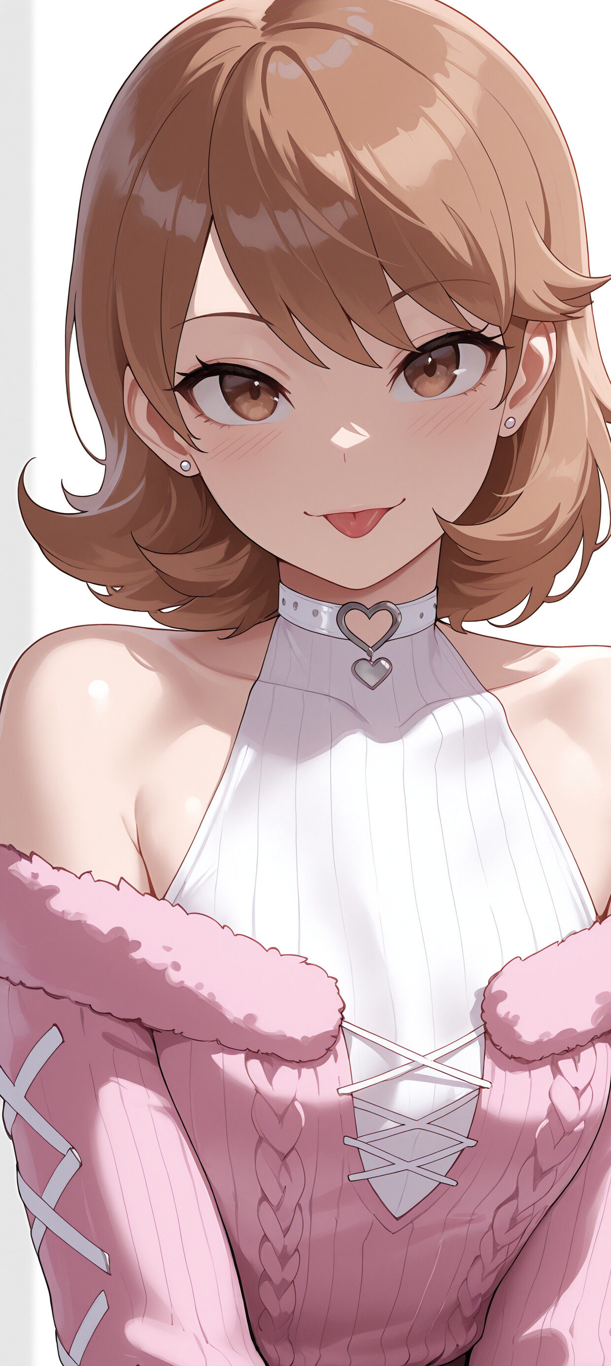 Ilustração digital de Yukari Takeba, de Persona 3, com cabelo castanho curto e um sorriso divertido. Ela veste um casaco cor-de-rosa com decote ombro a ombro e detalhes em pele, um top branco com alças e um colar em forma de coração, tudo sobre um fundo rosa sólido.