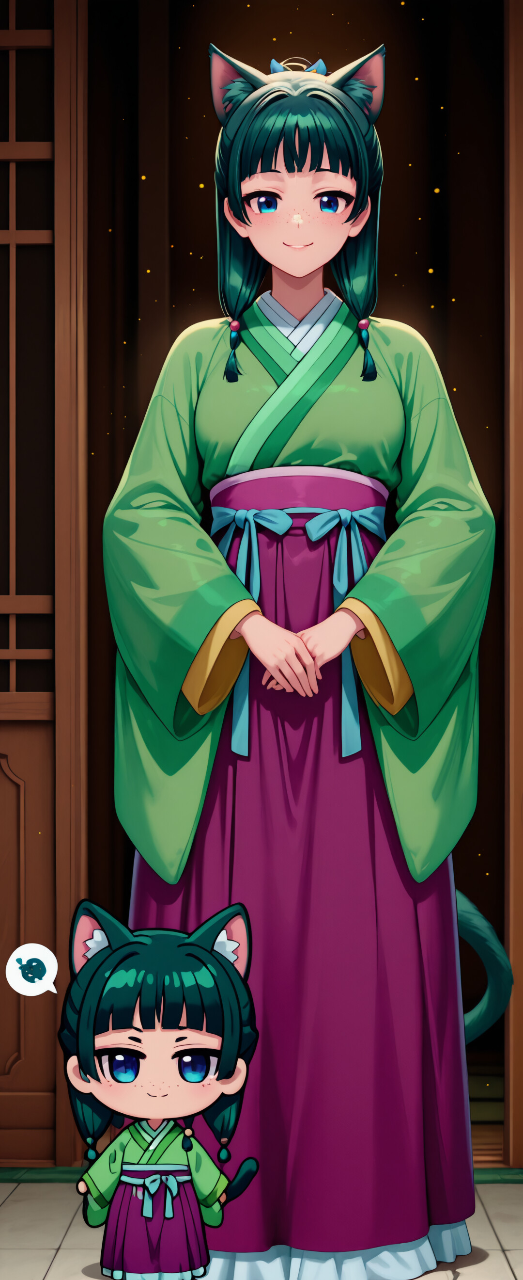 Uma ilustração em estilo chibi, que representa o corpo inteiro da personagem Maomao, de «The Apothecary Diaries», reimaginada como uma garota-gato. Ela tem cabelo verde, orelhas e cauda de gato, grandes olhos azuis e sardas. Veste um traje tradicional verde e roxo e está em pé num quarto com portas de estilo japonês.