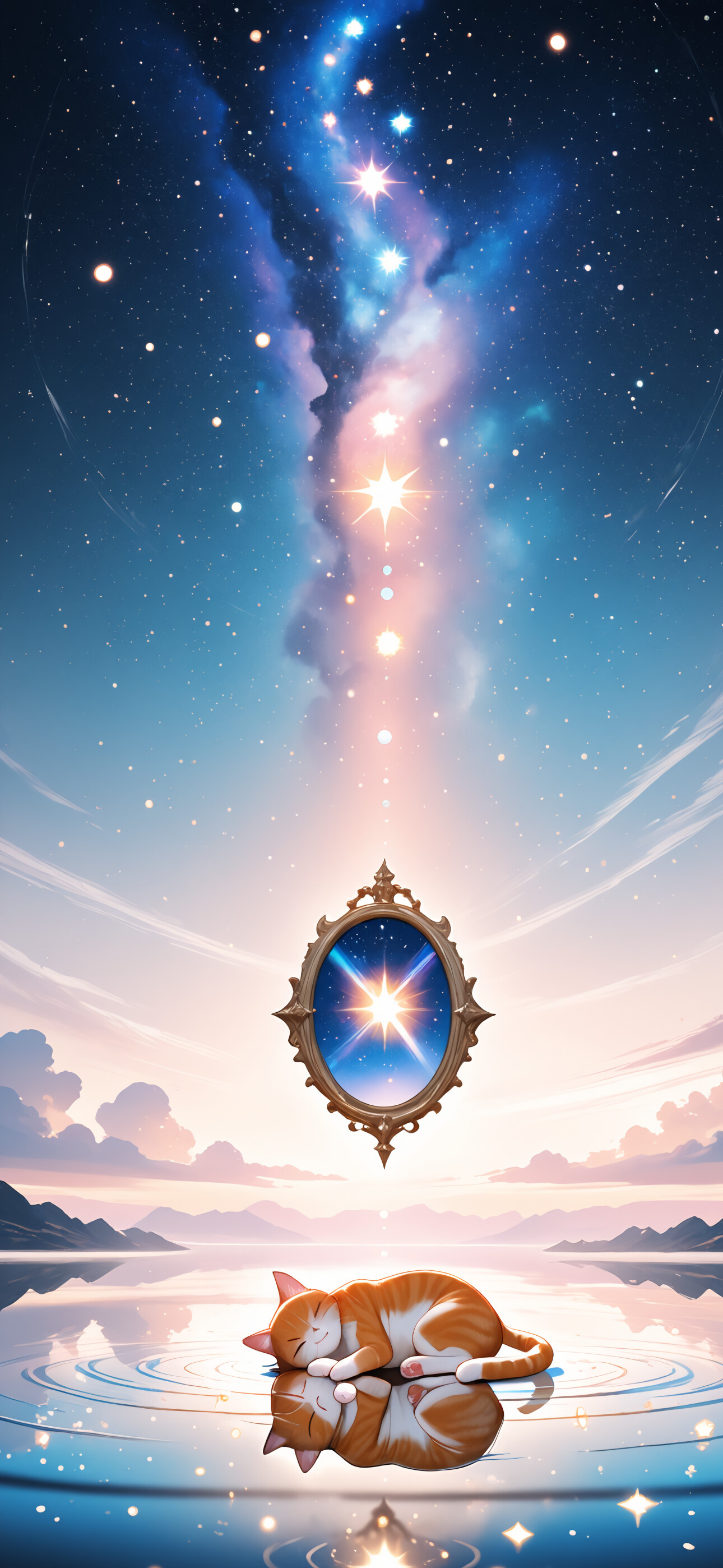 Uma ilustração de um adorável gato tigrado laranja e branco, dormindo sobre uma superfície lisa e refletora que se assemelha à água. O fundo é um céu noturno cósmico, com uma nebulosa vibrante, inúmeras estrelas e uma grande esfera luminosa atrás do gato.