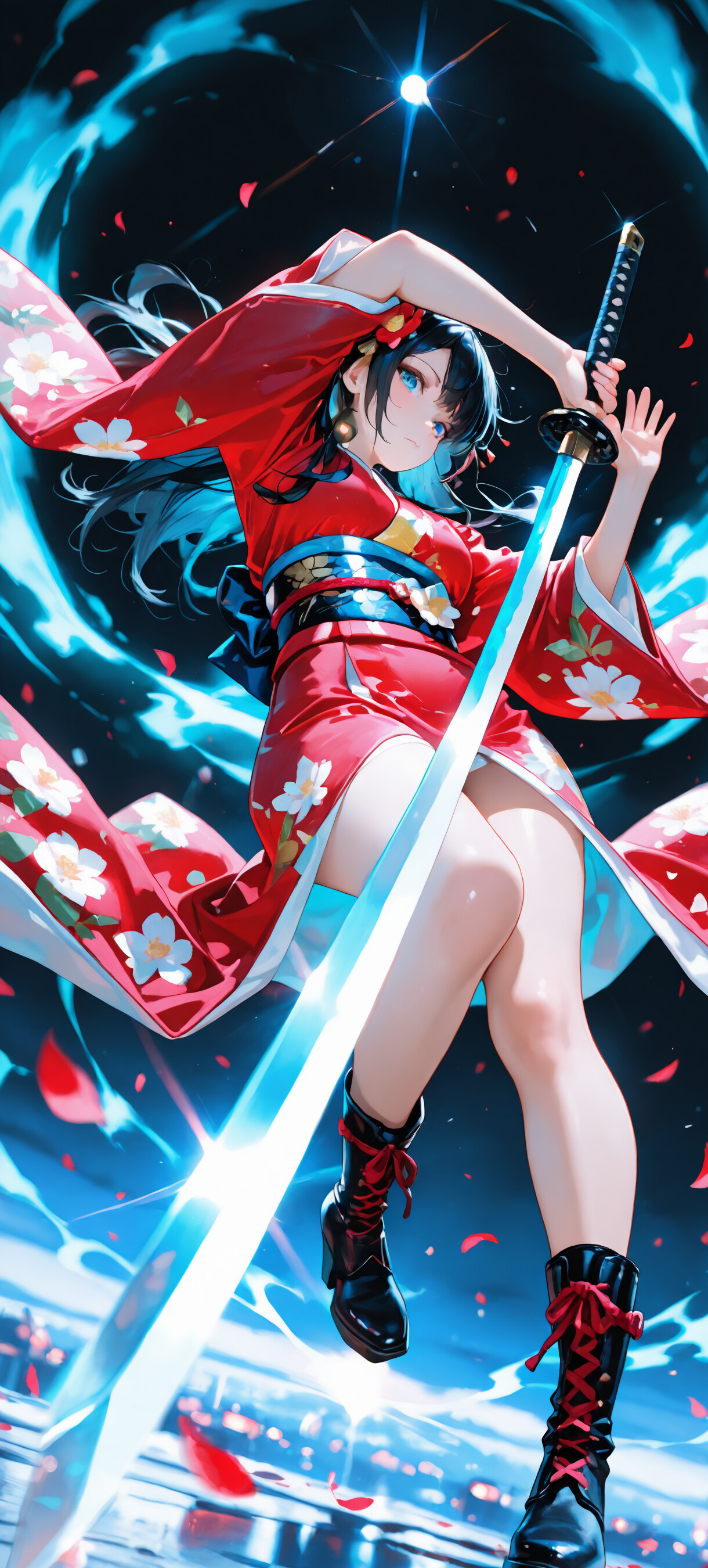 Uma ilustração de corpo inteiro de uma jovem mulher de anime, vestida com um quimono vermelho com estampas florais e botas de combate pretas, segurando uma espada katana numa pose dinâmica, contra um fundo escuro com efeitos de luz azul e pétalas vermelhas.
