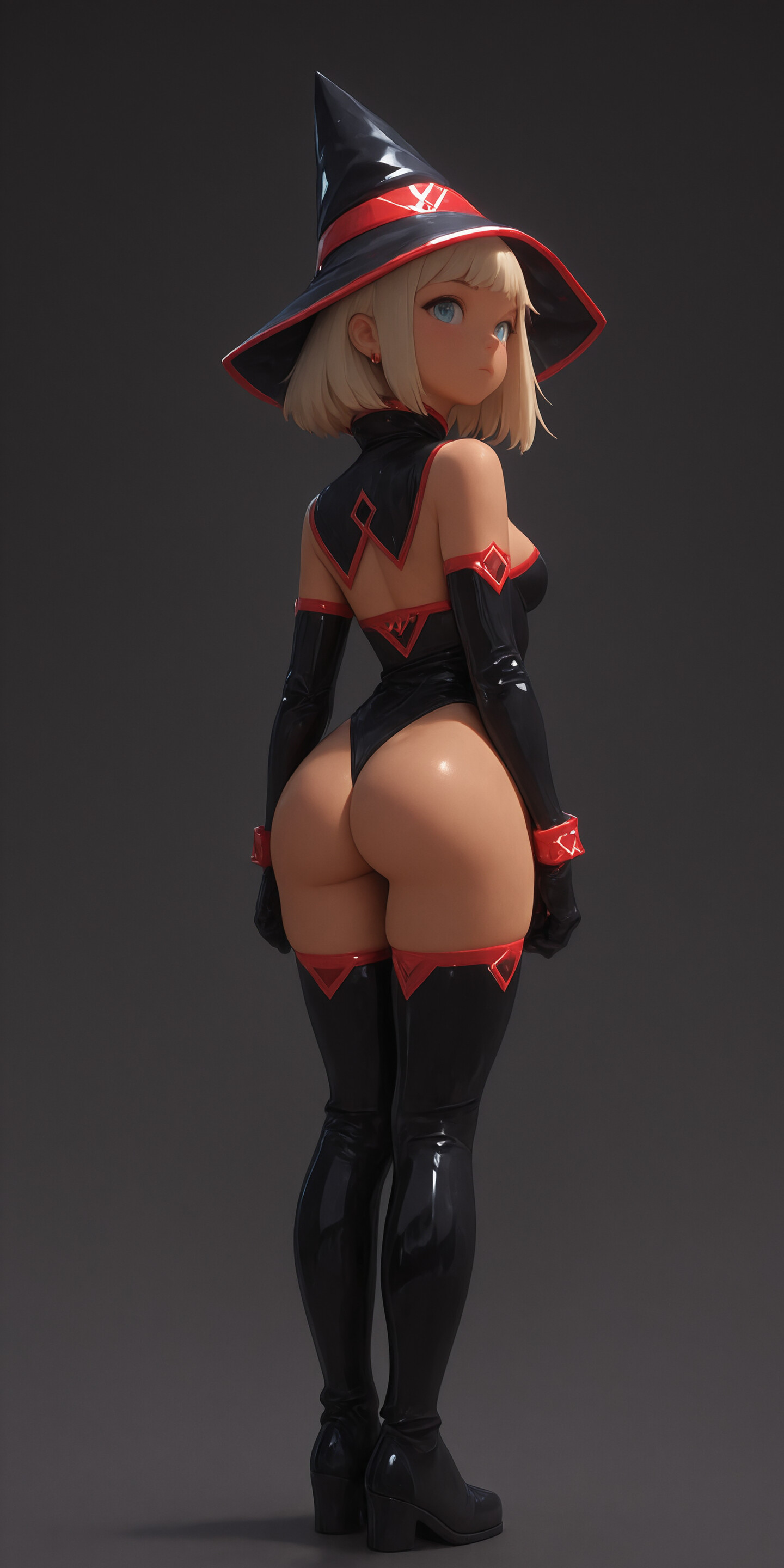 Uma ilustração digital completa de uma jovem bruxa no estilo anime, com cabelo branco curto e olhos vermelhos brilhantes. Ela veste um grande chapéu preto pontiagudo, um casaco preto e botas pretas, e segura um cajado com uma ponta vermelha brilhante, em frente a um fundo cinzento simples.