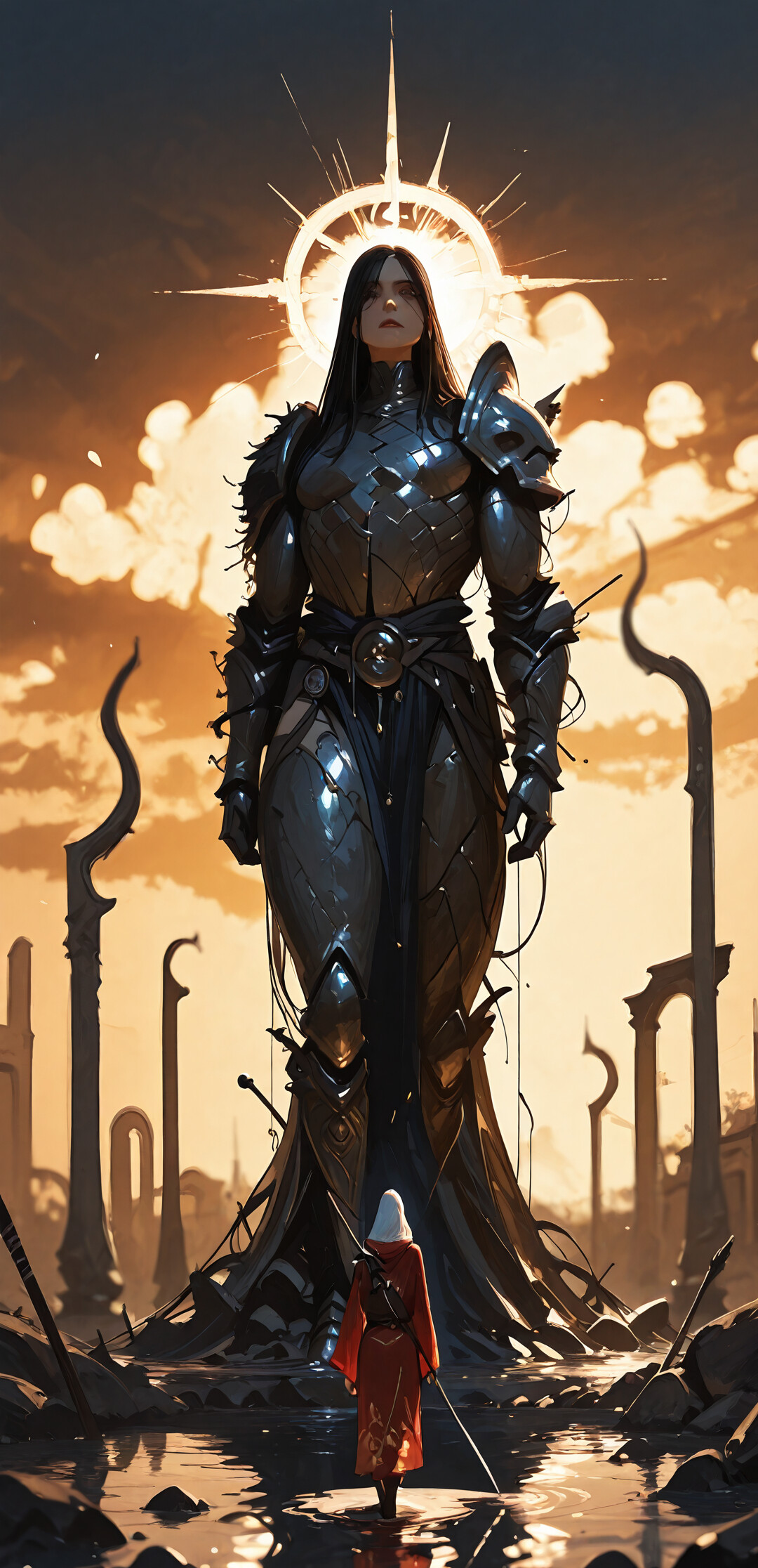 Um guerreiro de fantasia, vestido com uma túnica vermelha com capuz e uma armadura preta, caminha pelas águas rasas de uma rua de uma cidade antiga inundada, ao pôr do sol, ladeado por grandes estátuas de pedra.