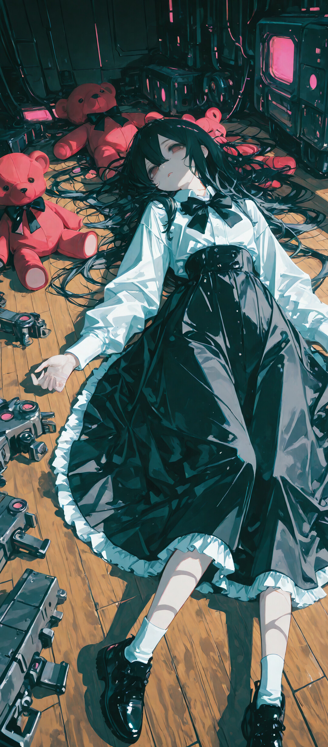 Uma imagem tirada de um ângulo elevado, mostrando uma rapariga de anime com longos cabelos pretos, deitada num chão de madeira, num quarto de ficção científica. Ela veste uma camisa branca e uma saia preta, e está rodeada por máquinas com ecrãs vermelhos brilhantes e um pequeno urso de peluche.