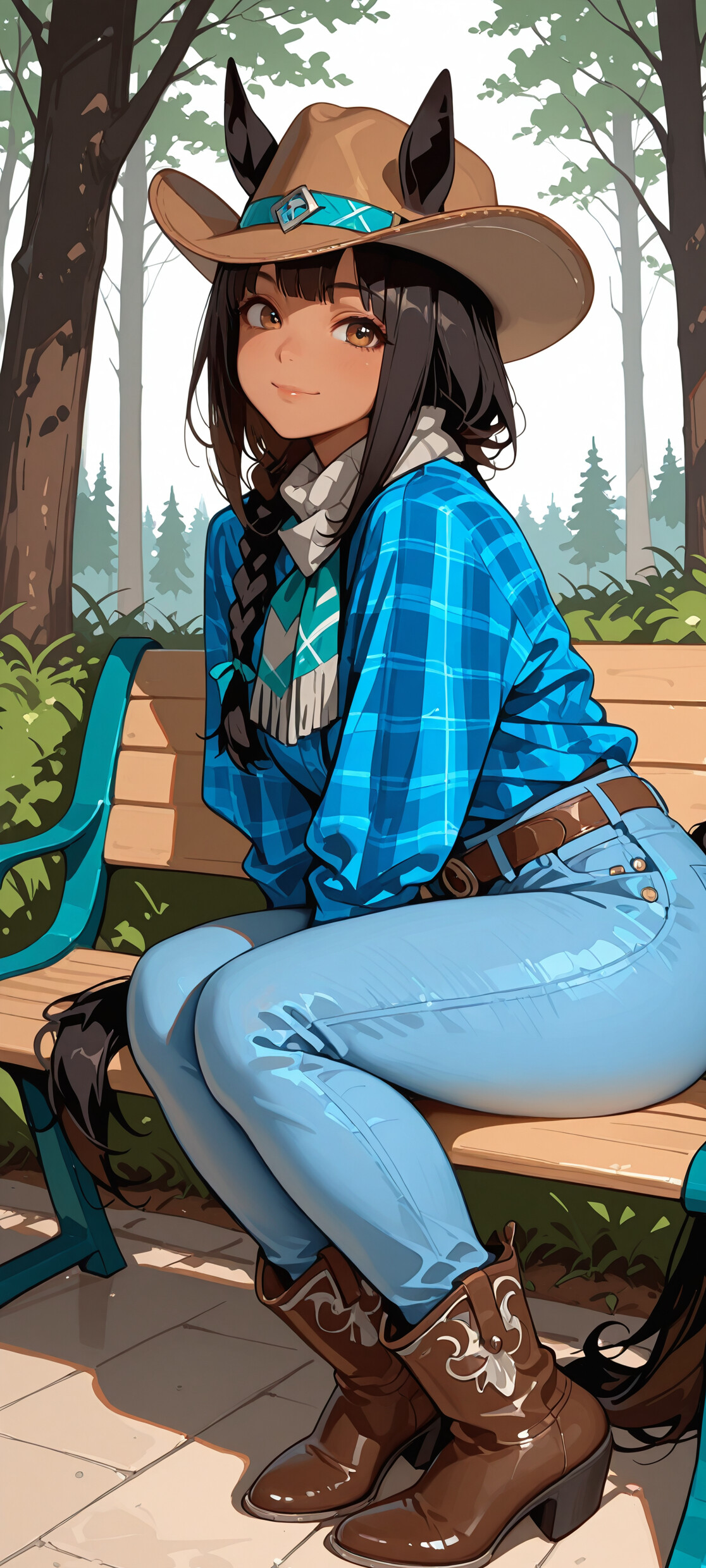 Uma personagem de anime, uma jovem com aparência de cavalo, pele morena e um chapéu de cowboy, identificada como El Condor Pasa, sentada num banco de jardim numa floresta. Ela veste uma camisa xadrez e calças de ganga, sorrindo calorosamente para o espectador.