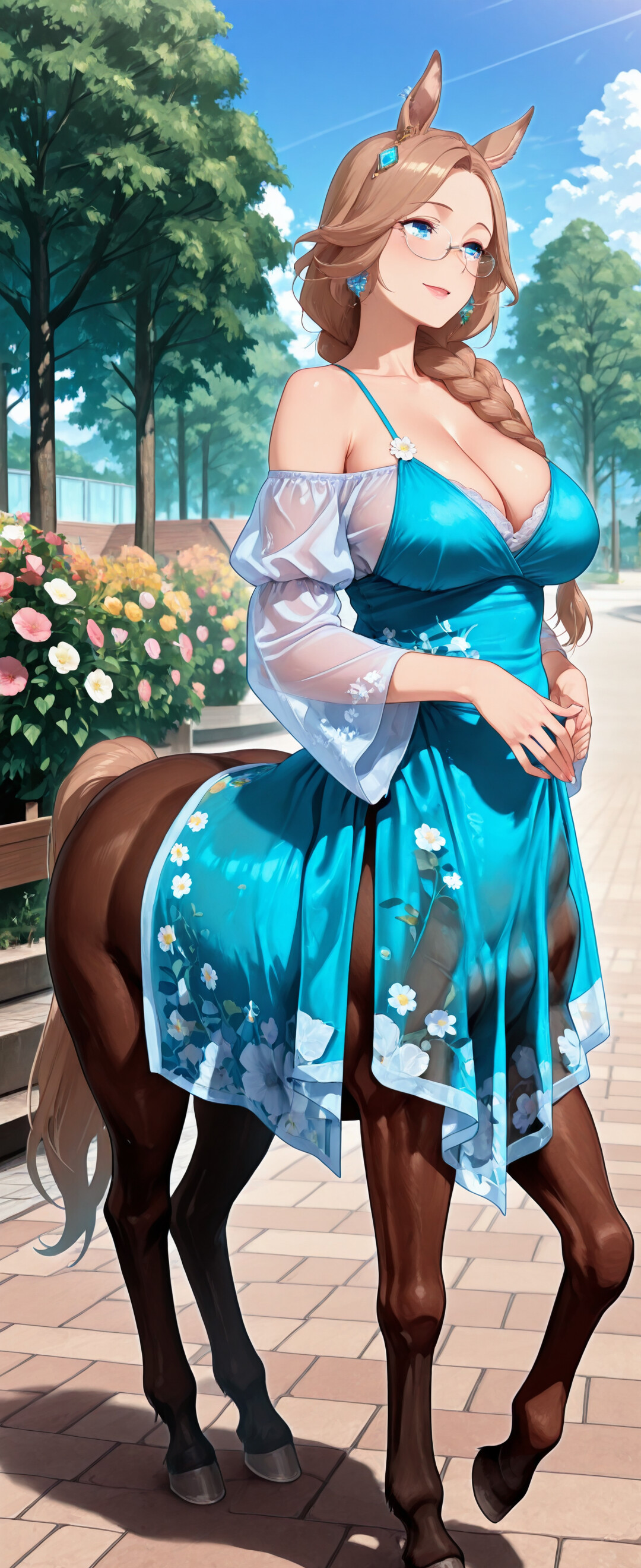 Uma ilustração de corpo inteiro de uma centauro, do sexo feminino, com cabelos castanhos claros trançados e óculos, vestindo um vestido azul esvoaçante. Ela está sorrindo e parada em uma calçada, ao lado de um jardim, em um ambiente suburbano.