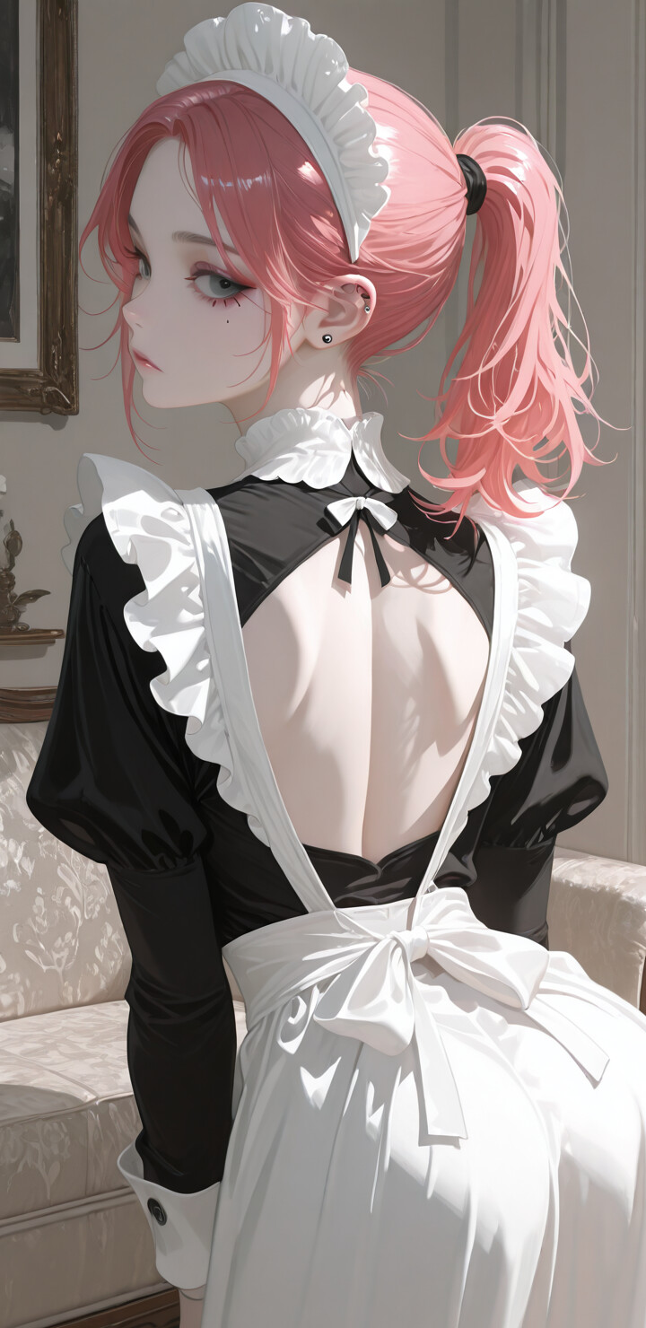 Uma ilustração em estilo anime de uma jovem com cabelo cor-de-rosa preso em um rabo de cavalo, vestindo um uniforme de empregada doméstica preto e branco com as costas descobertas. Ela está olhando por cima do ombro, em um ambiente bem iluminado.