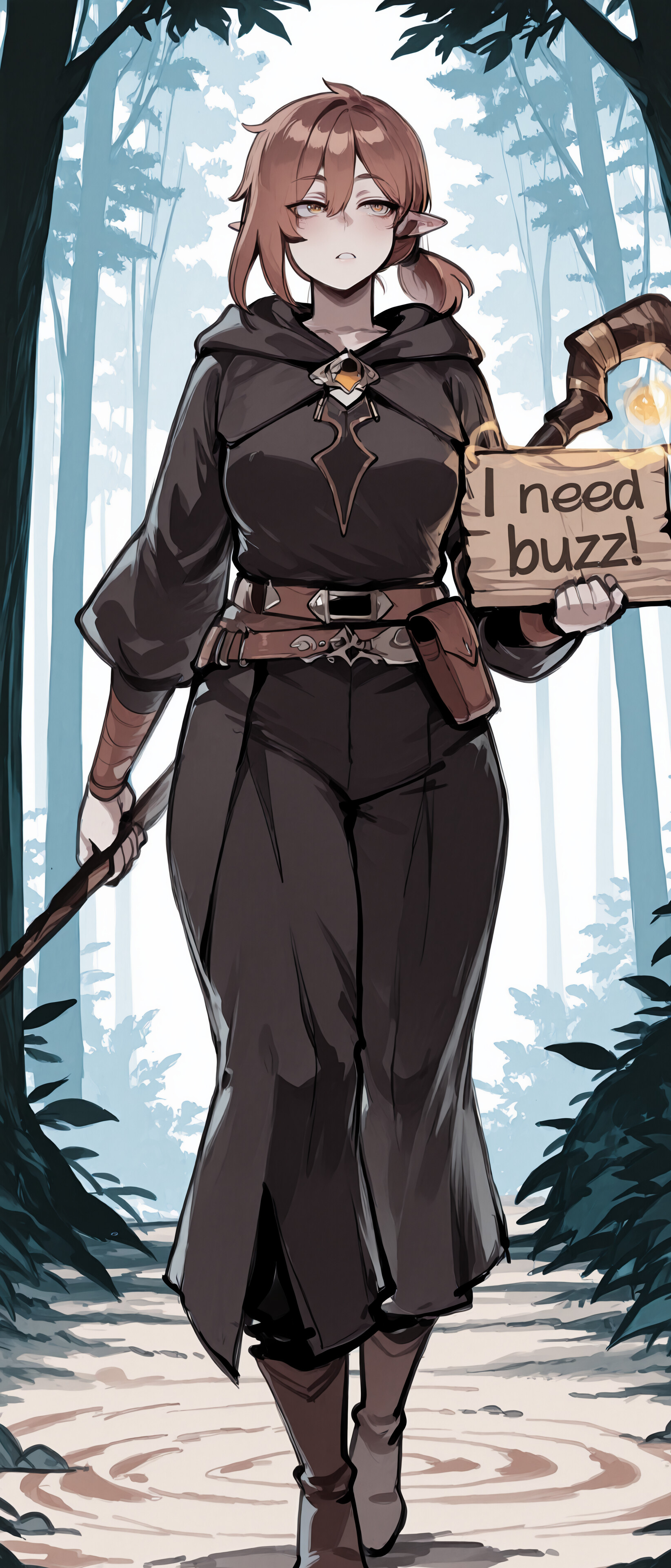 Um mago elfo, de cabelos castanhos curtos, vestindo uma roupa escura com capuz, está em uma floresta coberta de neve, segurando um cajado em uma mão e lançando um feitiço mágico brilhante com a outra.