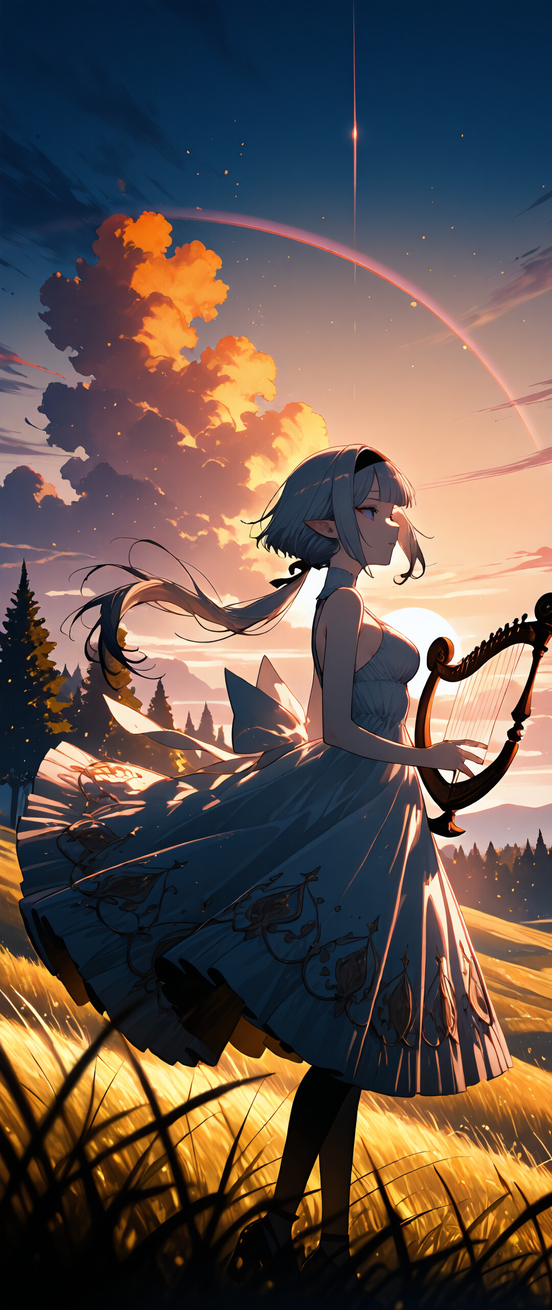 Uma ilustração de corpo inteiro de uma elfa no estilo anime, com cabelos prateados, tocando harpa em um campo gramado durante o nascer do sol. Um grande arco-íris é visível no céu, atrás dela.