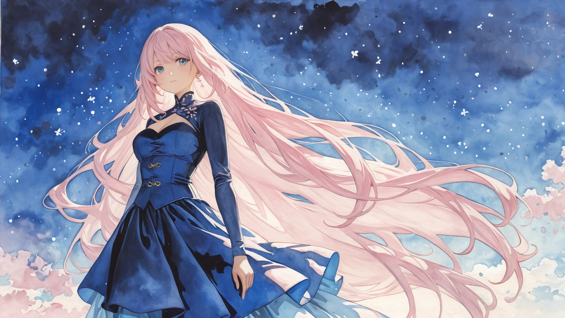 Uma ilustração no estilo anime de Elysia, de Honkai Impact 3rd: uma jovem de beleza estonteante, com longos cabelos cor-de-rosa e olhos azuis, vestindo um vestido azul-claro esvoaçante, emoldurada por um céu noturno mágico e estrelado.