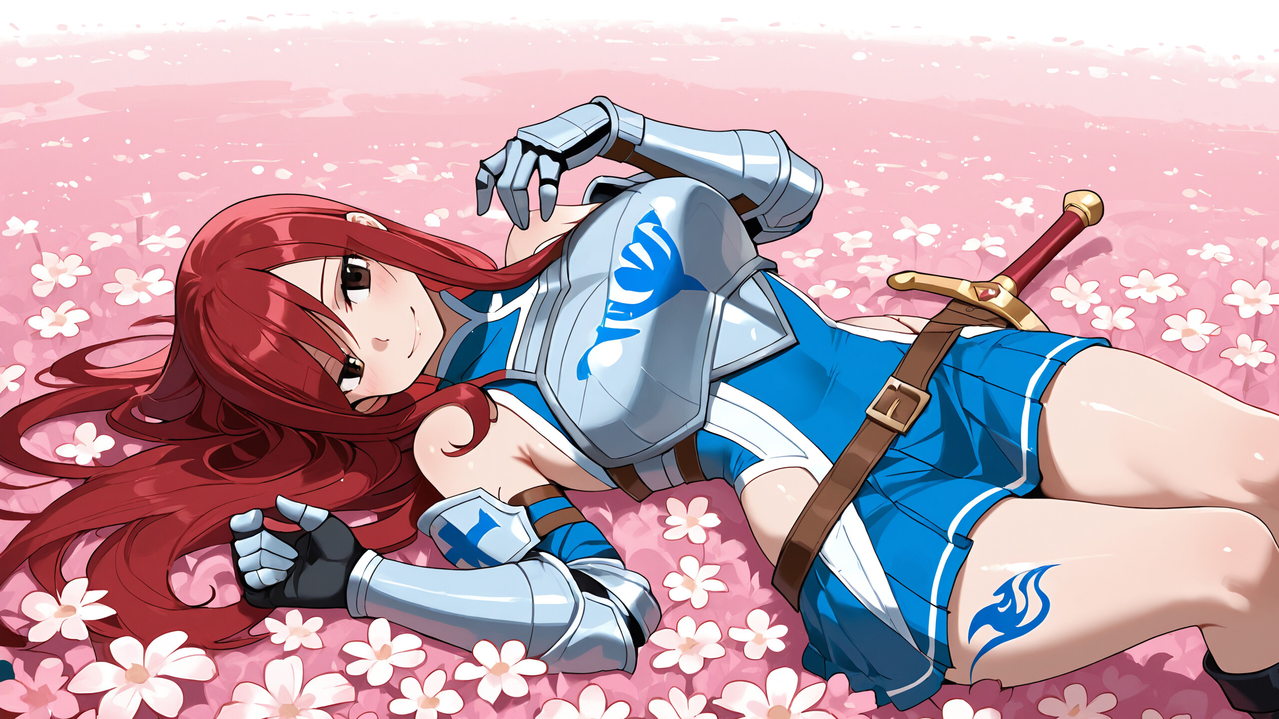 Erza Scarlet, de Fairy Tail, uma guerreira de cabelos vermelhos vestida com uma armadura prateada e azul e uma saia azul, está sorrindo em um campo de flores brancas, com um castelo ao fundo, e segura uma espada.