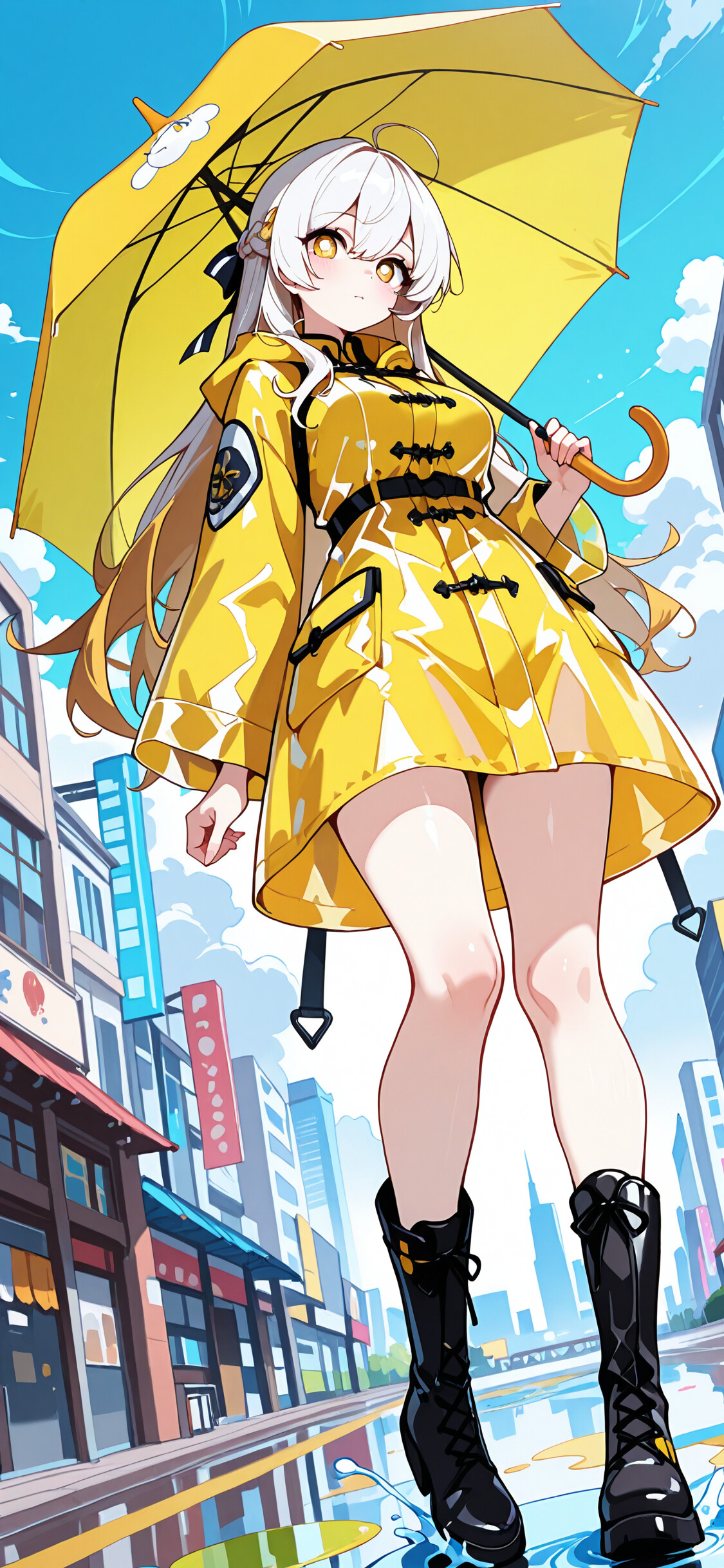 Uma ilustração em estilo anime de Stelle, a personagem feminina Trailblazer de Honkai: Star Rail, em pé numa rua molhada da cidade. Ela veste um casaco de chuva amarelo e segura um guarda-chuva turquesa, olhando para o espectador com olhos dourados.