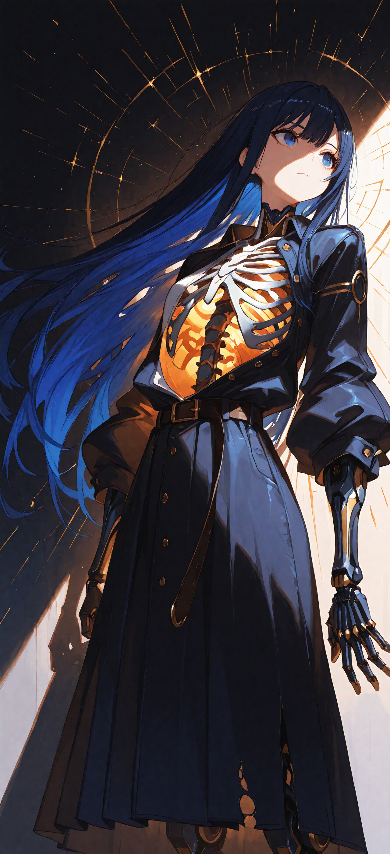 Uma ciborgue com estilo de anime, de cabelos longos e azul-escuros, olha para baixo com uma expressão melancólica. O seu torso está aberto, revelando uma estrutura de costelas mecânicas brancas que emitem uma luz laranja intensa por dentro. Ela veste um casaco escuro e aberto e uma saia esfarrapada, num cenário escuro com faíscas.