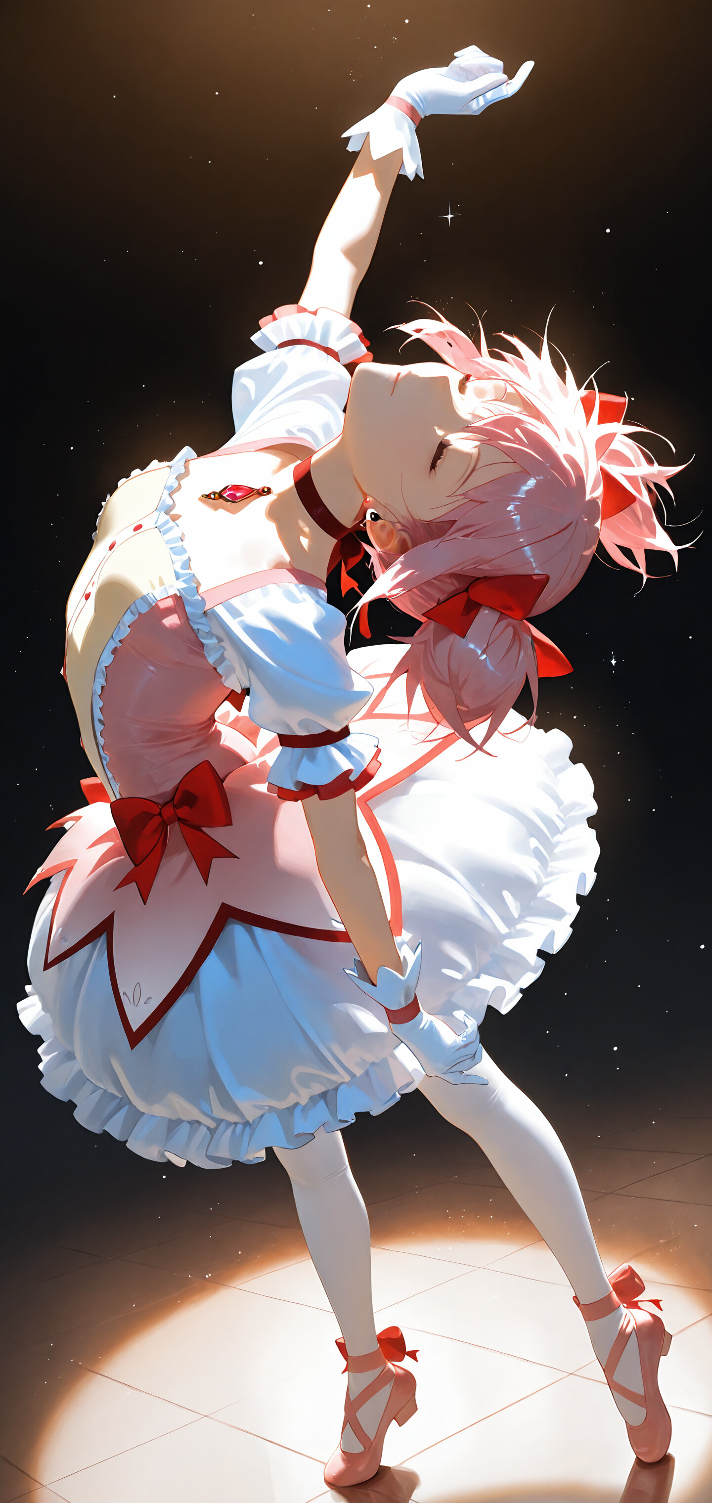 Madoka Kaname, da série Puella Magi Madoka Magica, veste um vestido cor-de-rosa e branco, no estilo de bailarina, e dança com elegância sob um foco de luz, com os olhos fechados, num cenário estrelado.