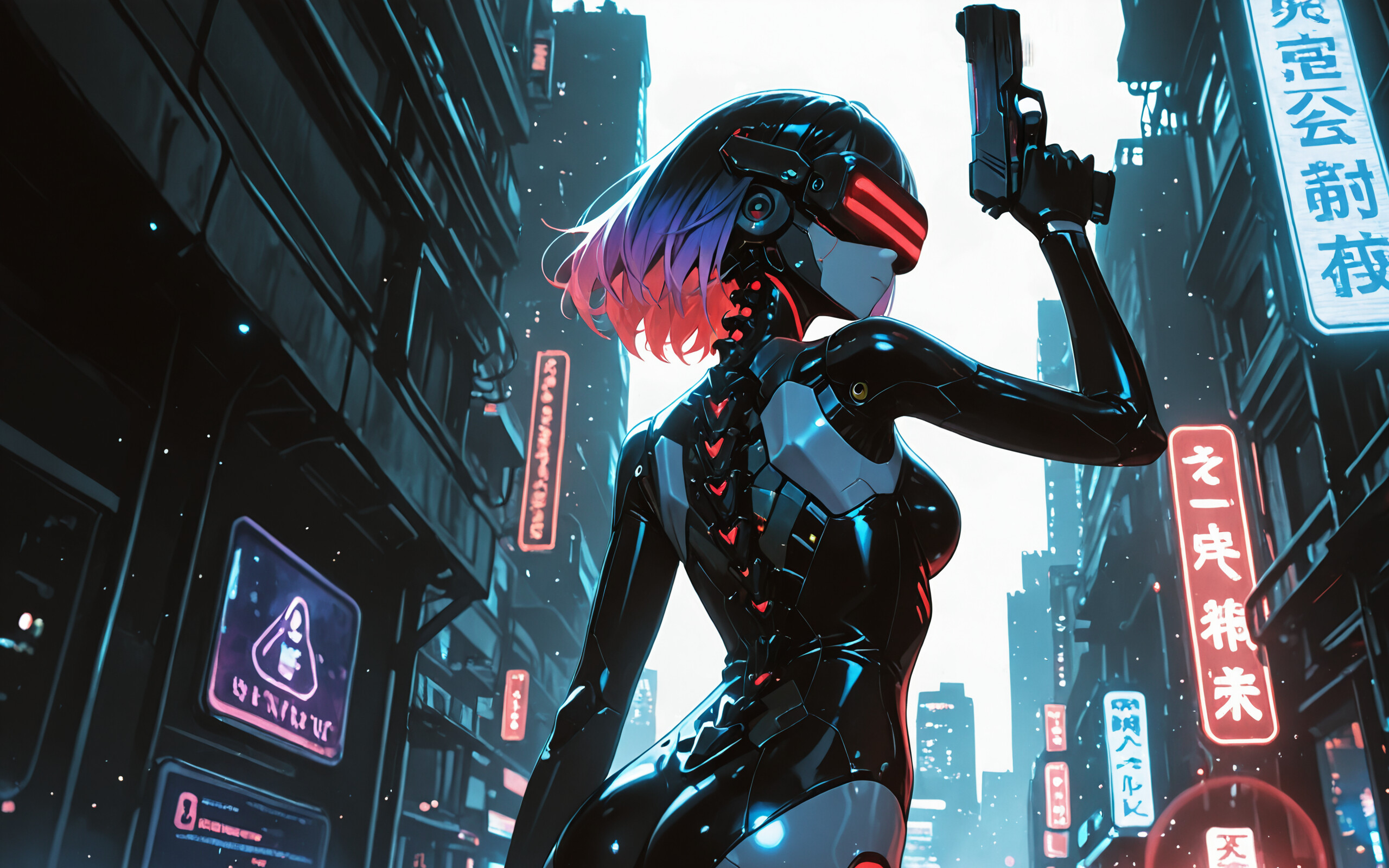 Uma ilustração em estilo anime da ciborgue Motoko Kusanagi, da série Ghost in the Shell. Ela tem cabelo curto e roxo, usa uma viseira vermelha e veste um fato cibernético preto, com a coluna vertebral mecânica exposta. Ela segura uma pistola e olha por cima do ombro, em uma cidade futurista à noite, repleta de letreiros de néon.