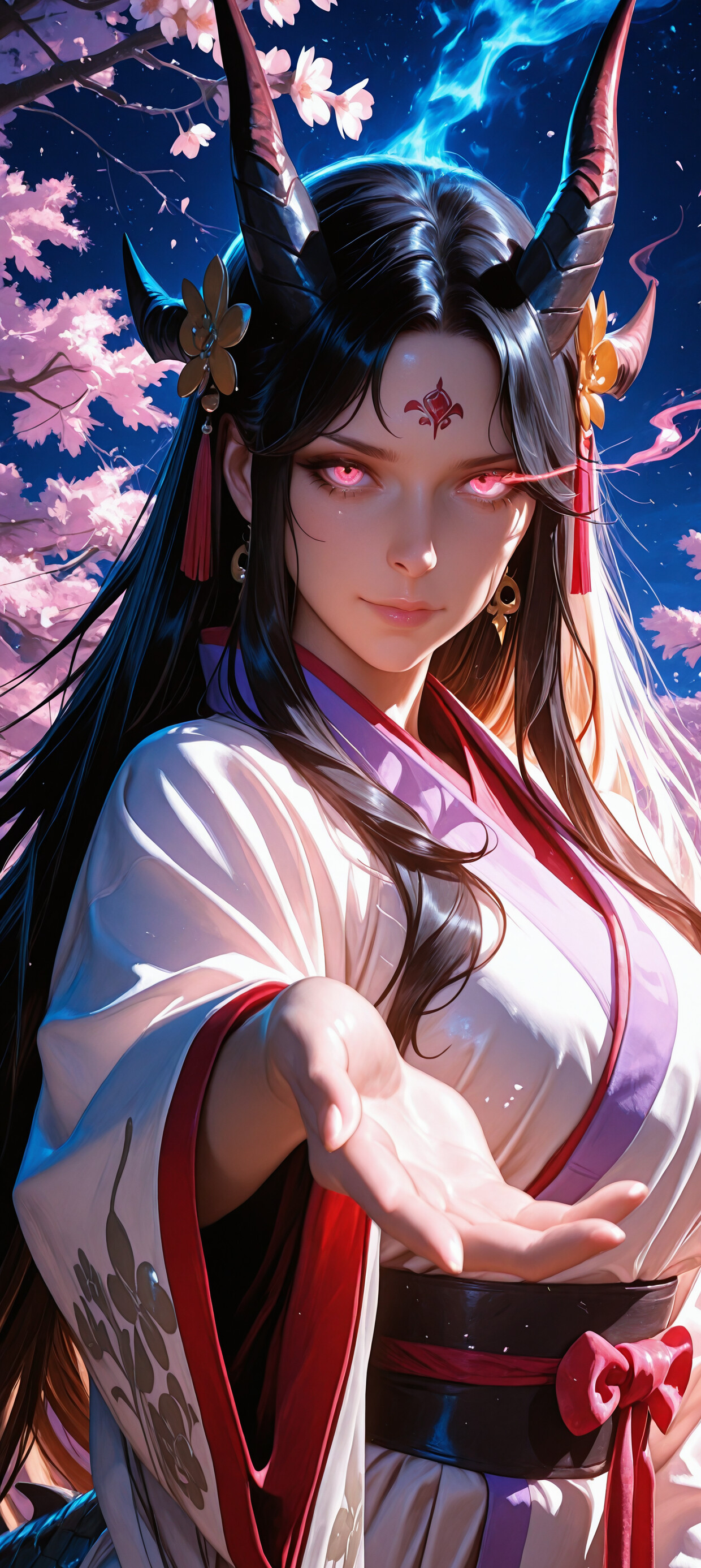 Uma pintura digital de Yamato, da série One Piece, reimaginada como uma sacerdotisa-dragão. Ela tem longos cabelos pretos, chifres dourados e olhos rosa brilhantes, e está segurando uma esfera de luz nas mãos, dentro de um templo japonês escuro.