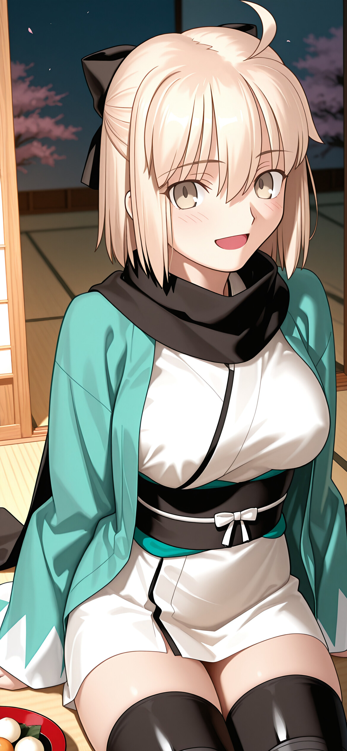 Okita Souji, uma personagem loira de anime do jogo Fate/Grand Order, sorri calorosamente enquanto está sentada num quarto tradicional japonês, segurando um dango. Ela veste um haori cor de turquesa sobre um quimono branco.