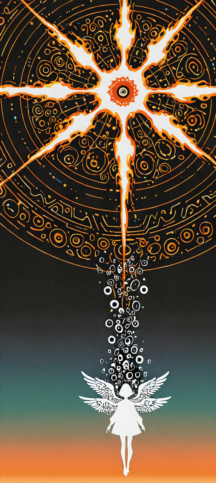 Uma ilustração abstrata e de alto contraste de uma entidade celestial. Um grande círculo preto, preenchido com muitos olhos menores, forma a cabeça, com um único olho vermelho flamejante no centro. Este é rodeado por um halo branco com raios pretos, semelhantes a raios solares. Abaixo, encontra-se a silhueta branca e minimalista do torso de uma mulher, sobre um fundo preto e vermelho escuro.