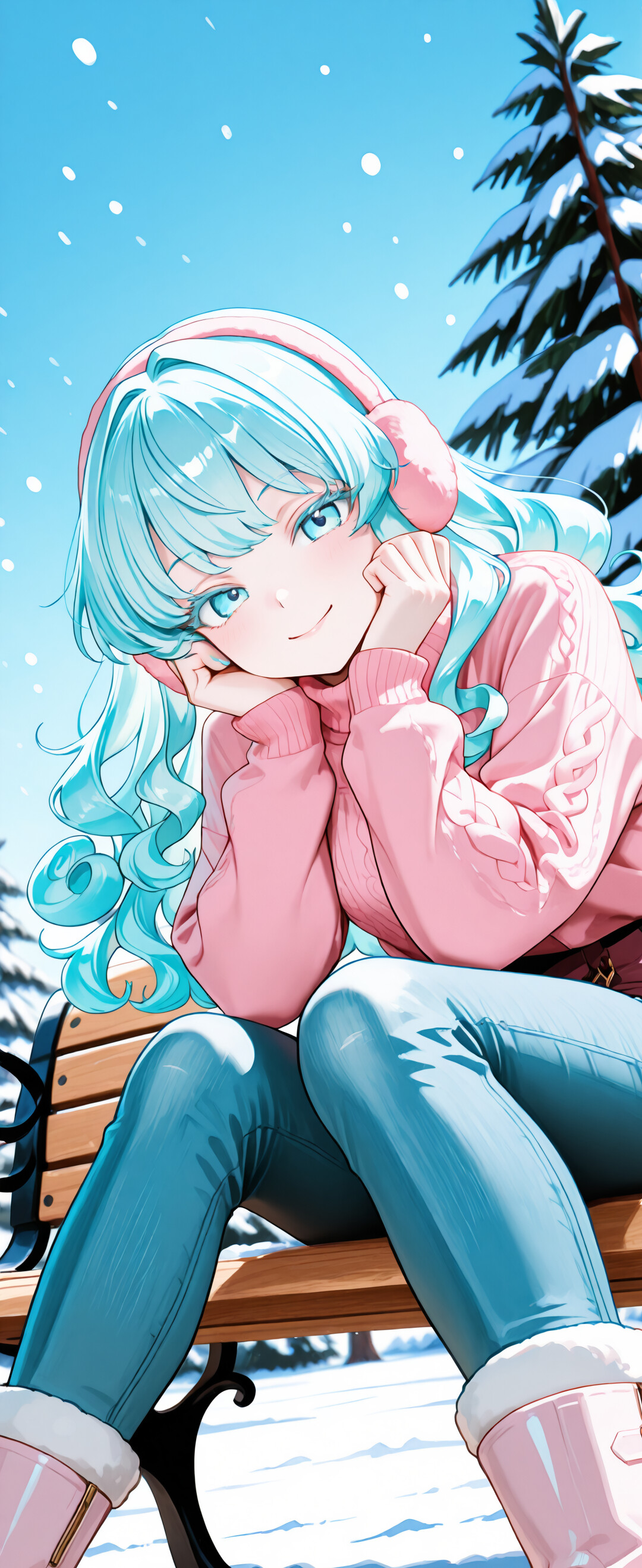 Uma rapariga de anime, com cabelo encaracolado de cor azul-turquesa e um casaco cor-de-rosa, está sentada num banco de jardim, num cenário invernal coberto de neve, sorrindo enquanto apoia a cabeça nas mãos.