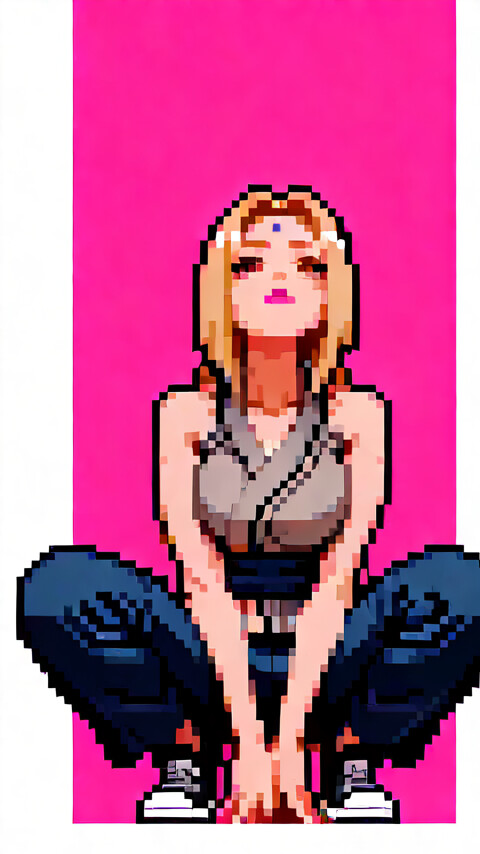 Uma ilustração em estilo pixel art de Tsunade, da série Naruto, numa pose agachada, olhando para cima, em direção a uma única estrela brilhante, contra um fundo rosa.