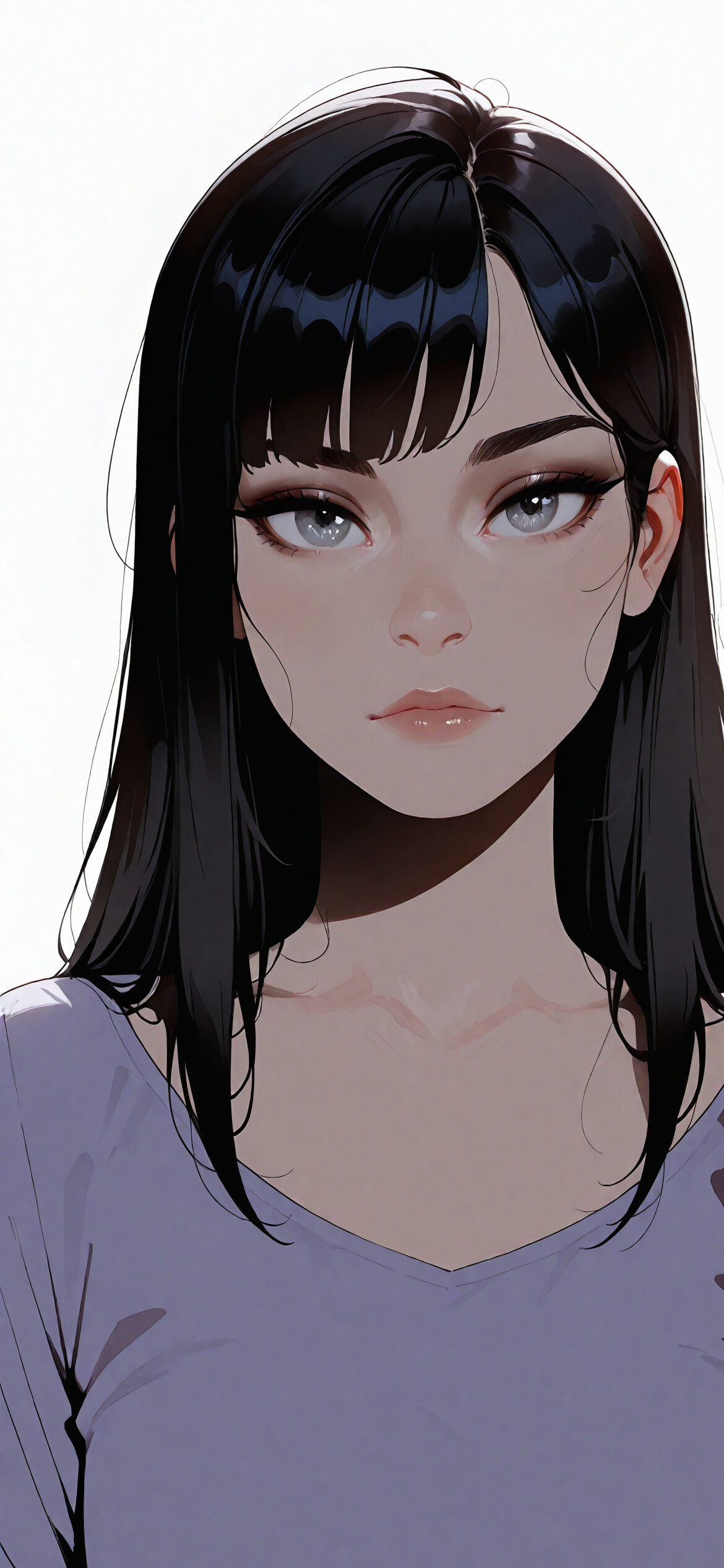 Uma ilustração digital de uma jovem com cabelo preto curto, franja e olhos cinzentos marcantes, olhando diretamente para a câmara. Ela veste uma camisa cor de lavanda sobre alças pretas, num fundo branco.