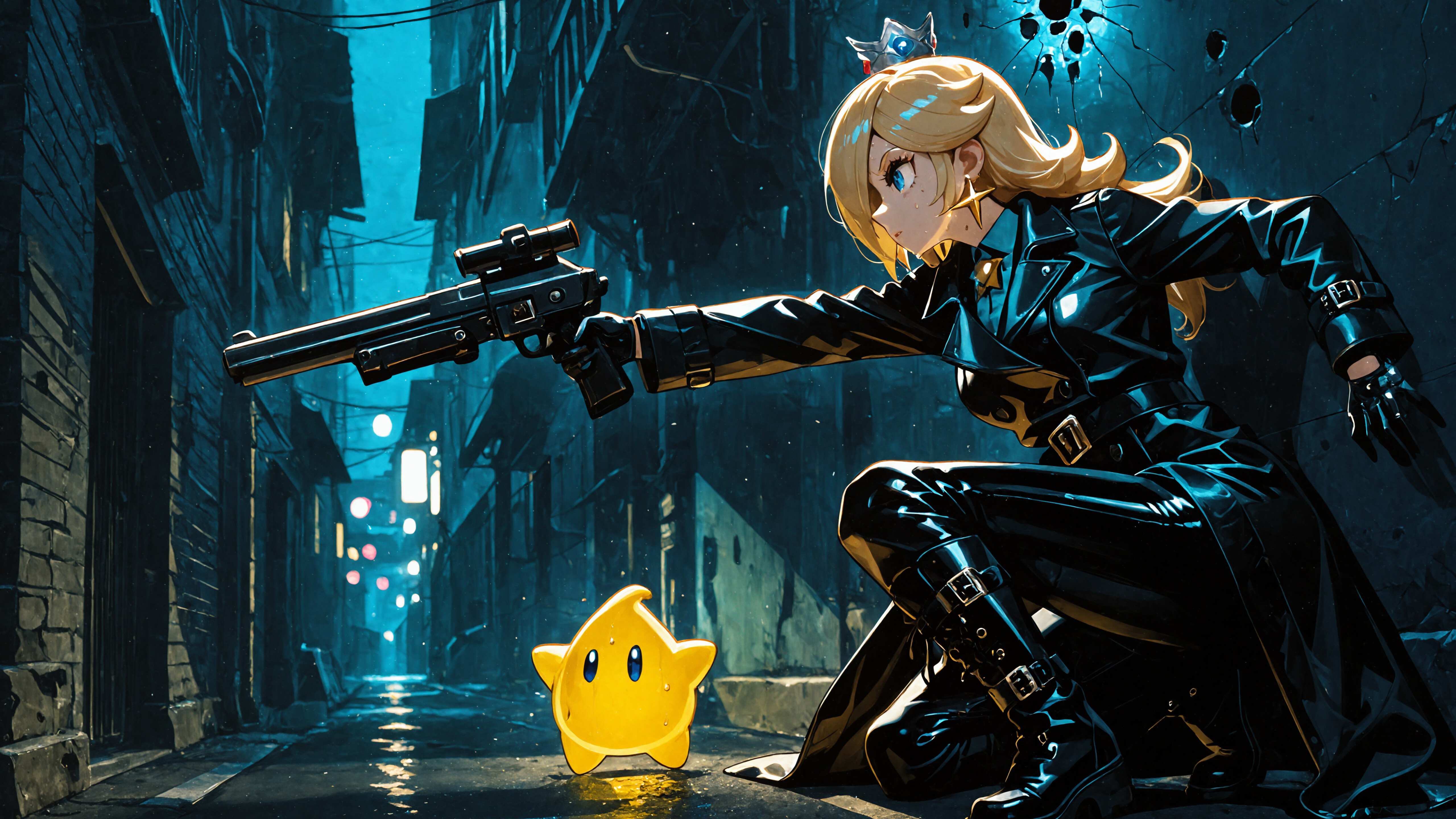 Uma ilustração no estilo anime da Princesa Rosalina, de Super Mario, vestida com um sobretudo e calças de couro pretos, ajoelhada em um beco escuro e apontando um rifle de precisão. Uma pequena criatura estelar amarela e brilhante, uma Luma, flutua ao lado dela.