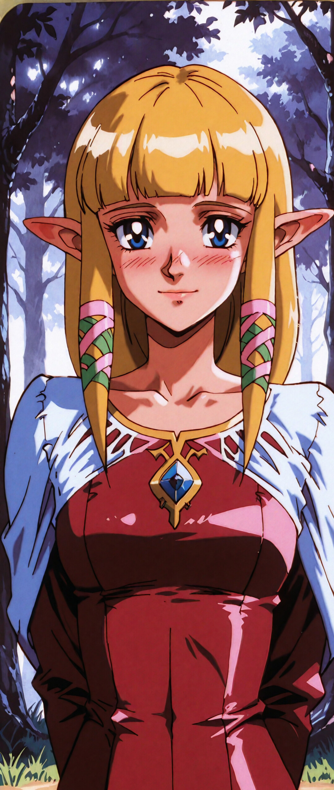 Uma ilustração da Princesa Zelda, de Skyward Sword, representada em um estilo de anime dos anos 90. Ela tem longos cabelos loiros, orelhas pontudas e olhos azuis, e está corada, com um sorriso suave. Ela veste um vestido rosa e vermelho com um xale branco, em uma floresta.