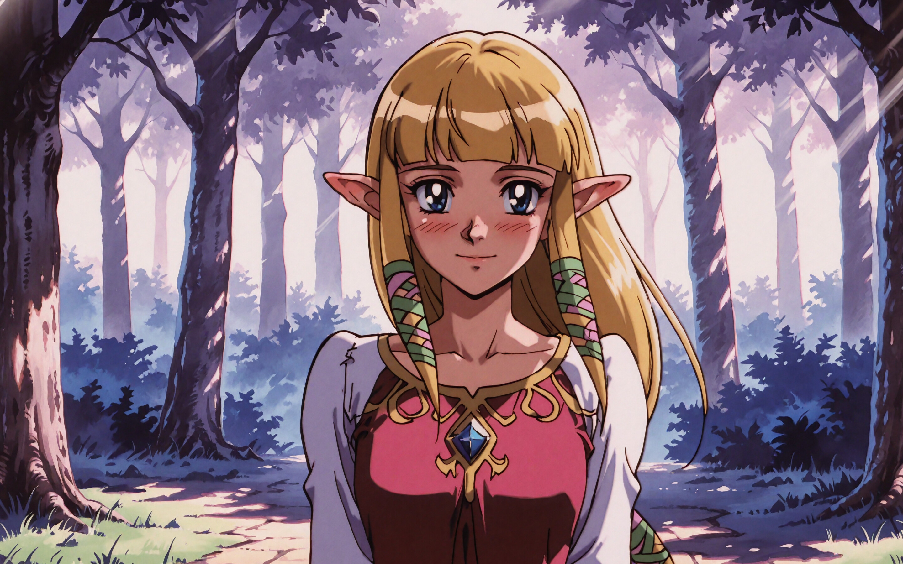 Uma ilustração da Princesa Zelda, de Skyward Sword, representada em um estilo de anime dos anos 90. Ela tem longos cabelos loiros, orelhas pontudas e olhos azuis, e está corada, com um sorriso suave. Ela veste um vestido rosa e vermelho com um xale branco, em uma floresta.