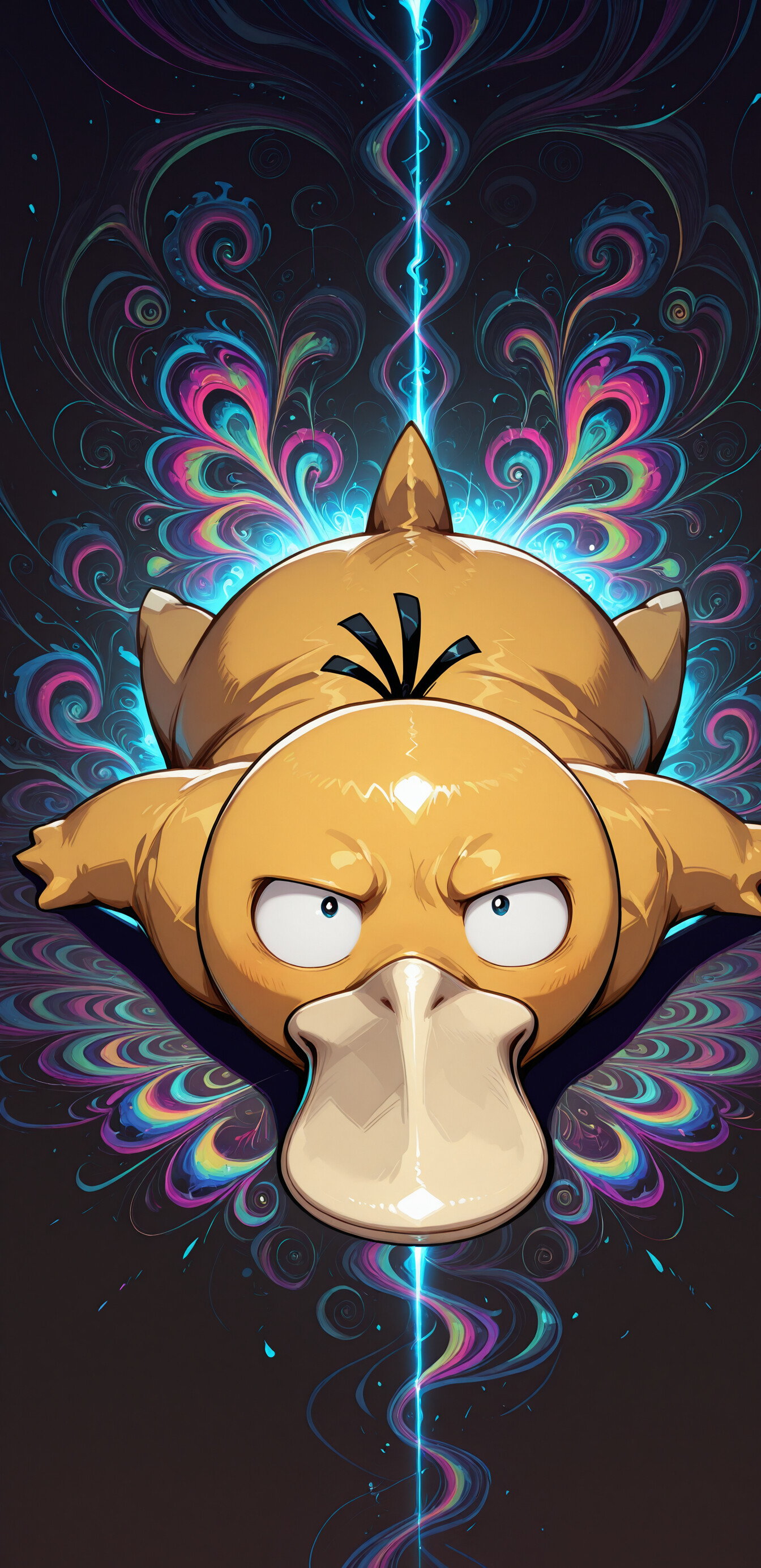 O Pokémon Psyduck está em destaque, no centro da imagem, com uma expressão confusa e tensa, olhos arregalados e testa franzida. Atrás dele, um fundo escuro é iluminado por um padrão simétrico e vibrante, com cores psicadélicas em tons de rosa, azul, amarelo e verde, que se movem em espiral.