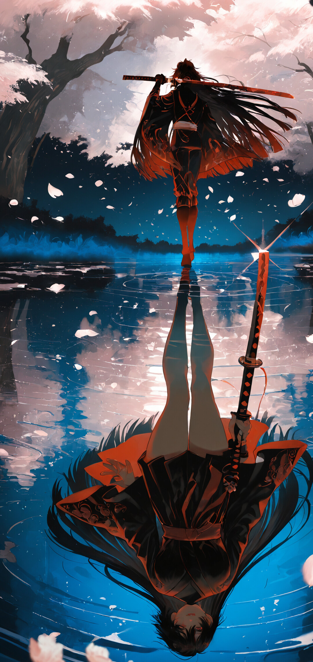 Uma ilustração em estilo anime de Sasuke Uchiha, de Naruto, em pé sobre a água, sob um céu noturno com cerejeiras. O seu reflexo na água revela o seu verdadeiro rosto, criando um tema de dualidade.