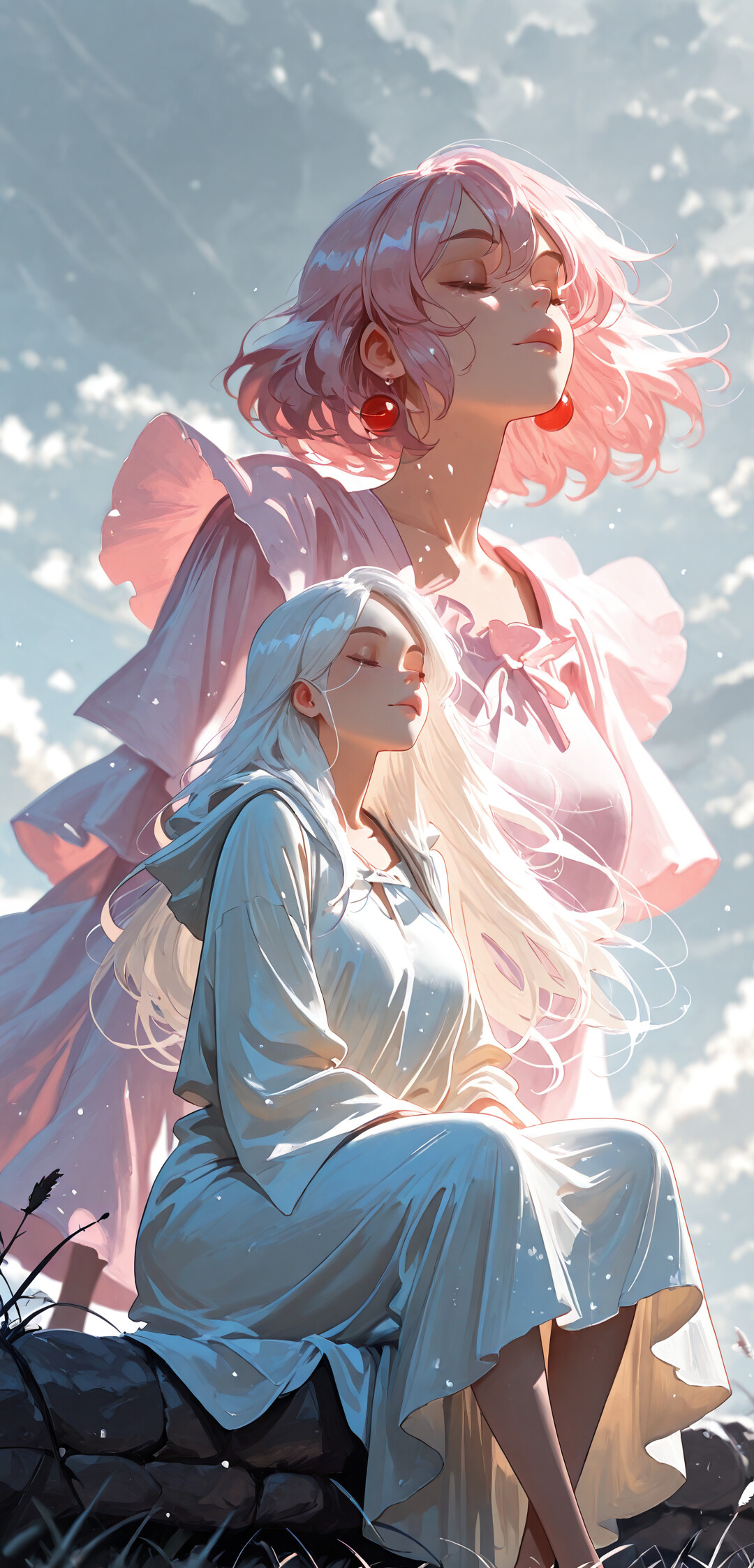 Uma pintura digital em estilo anime que retrata uma jovem com longos cabelos brancos, vestida com uma túnica rosa com capuz, sentada de pernas cruzadas num campo de pétalas cor-de-rosa. Os seus olhos estão fechados, em meditação, enquanto uma única estrela brilhante ilumina o céu escuro e nublado, acima dela.