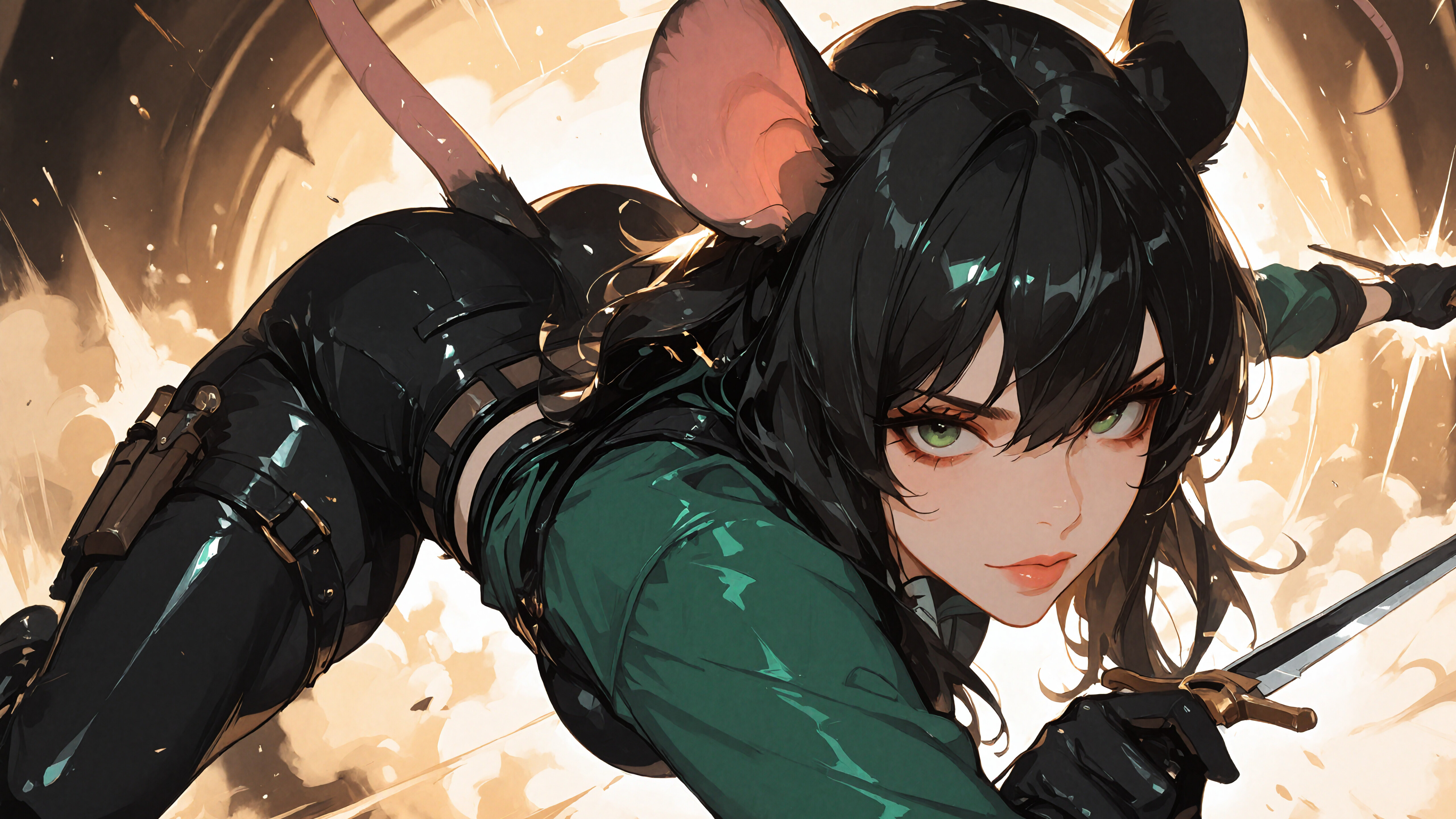 Uma personagem feminina de anime, com cabelo preto, olhos verdes, orelhas grandes de rato e uma longa cauda de rato, vestida como uma ladra, com uma camisa verde e calças pretas, está deitada num chão branco revestido de azulejos, olhando diretamente para a câmara.